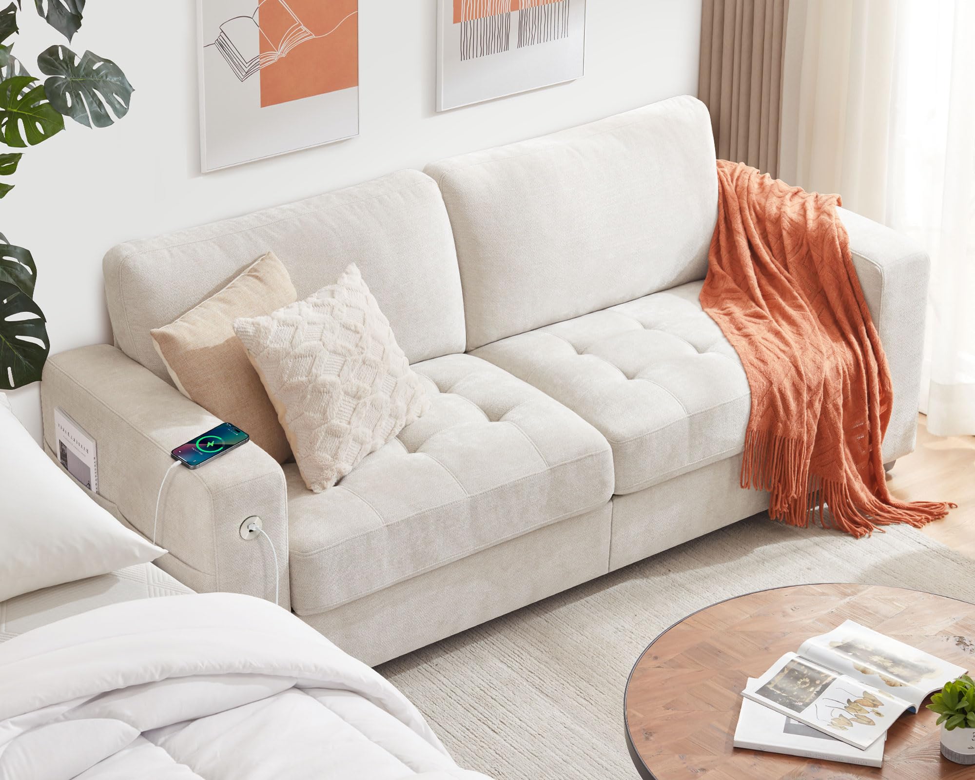 Ihanherry 89 Modern Sofa 3-Seats Couches for Living Room, Chenille Sofas with Extra Large Seat Width & Depth, USB/Type-C Chargin