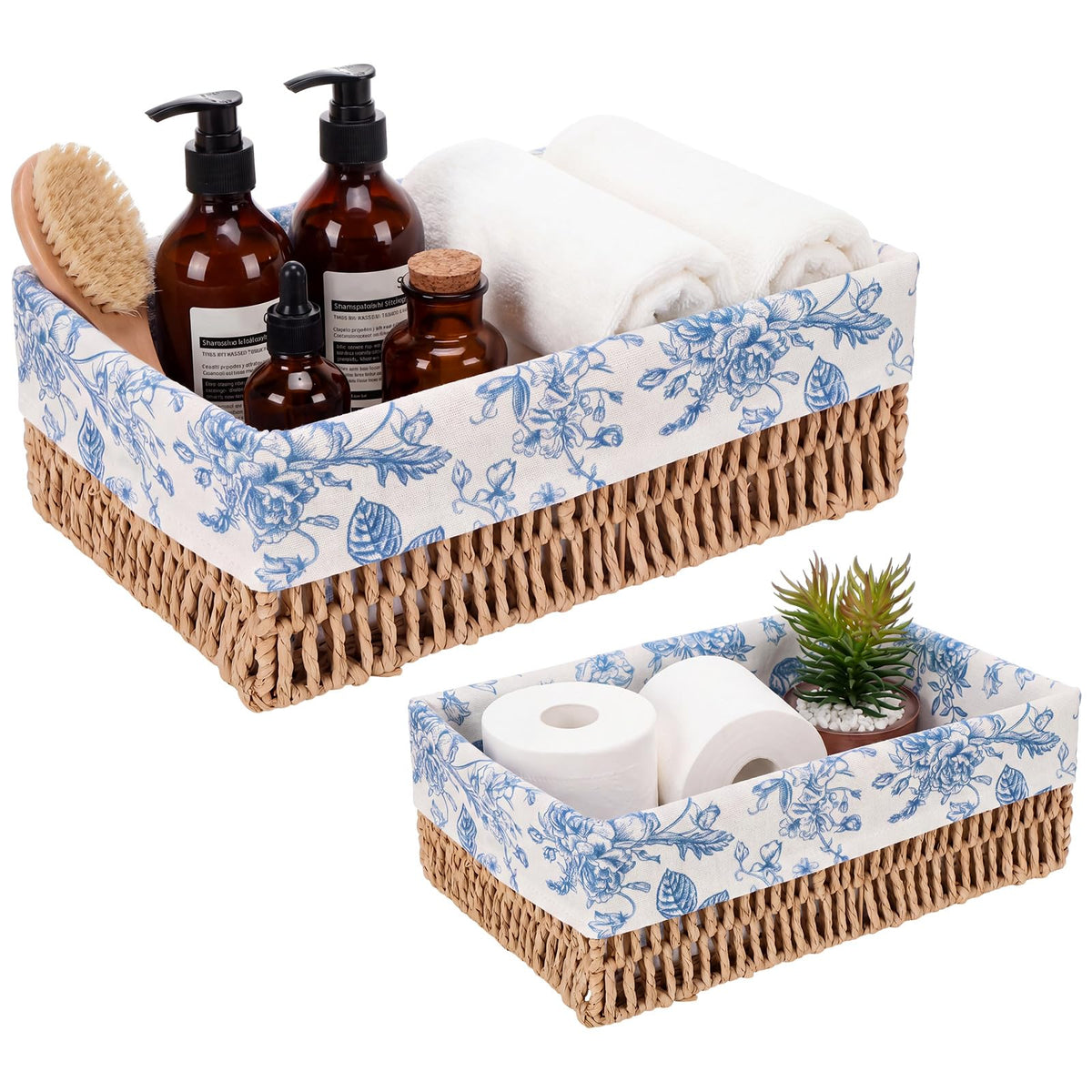 SiliFine Blue Floral Toilet Paper Storage Basket Set of 2 Chinoiserie Floral Decorative Wicker Bathroom Organizer for Toilet Tan