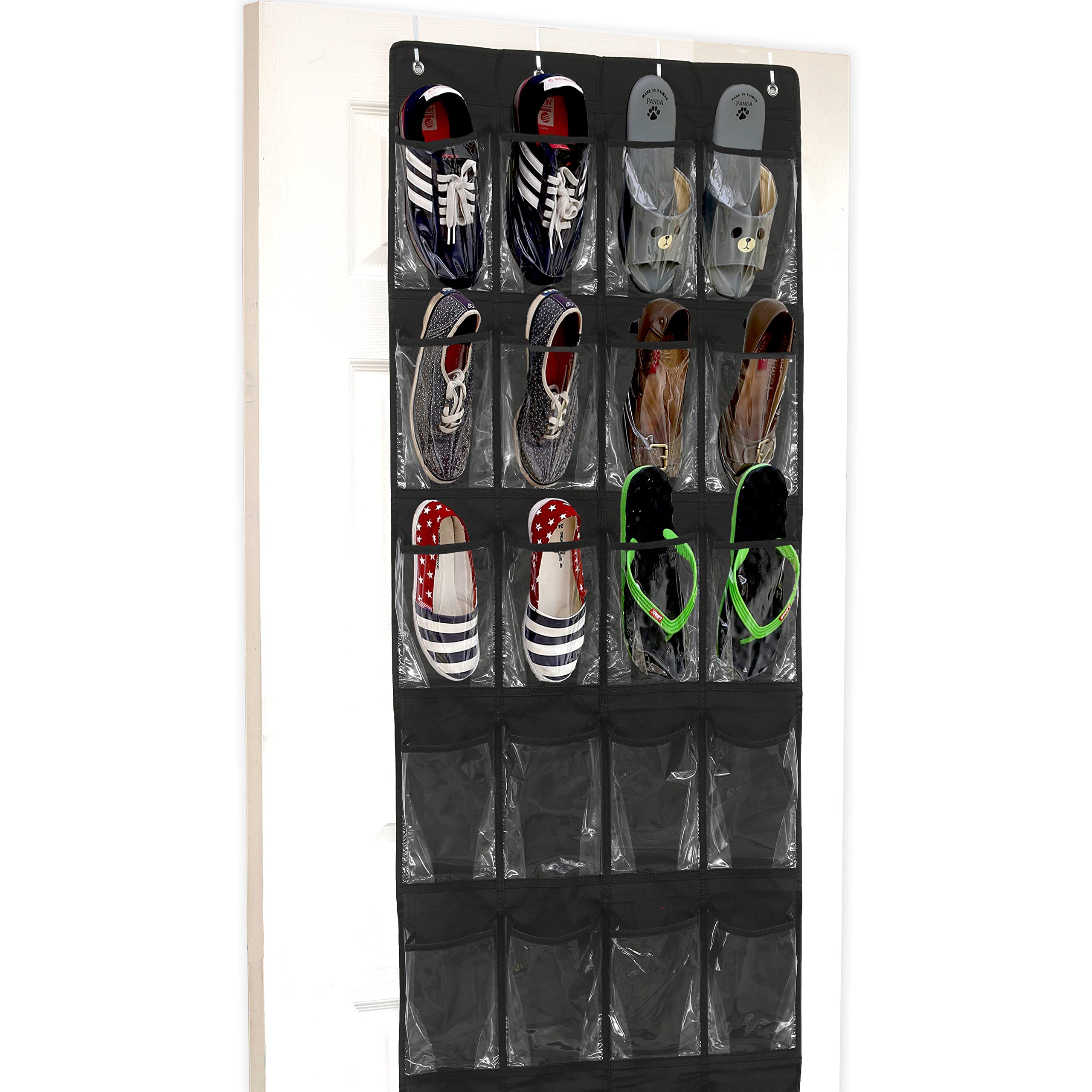 Simple Houseware 24 Pockets - Crystal Clear Over The Door Hanging Shoe Organizer, Black (64 x 19)