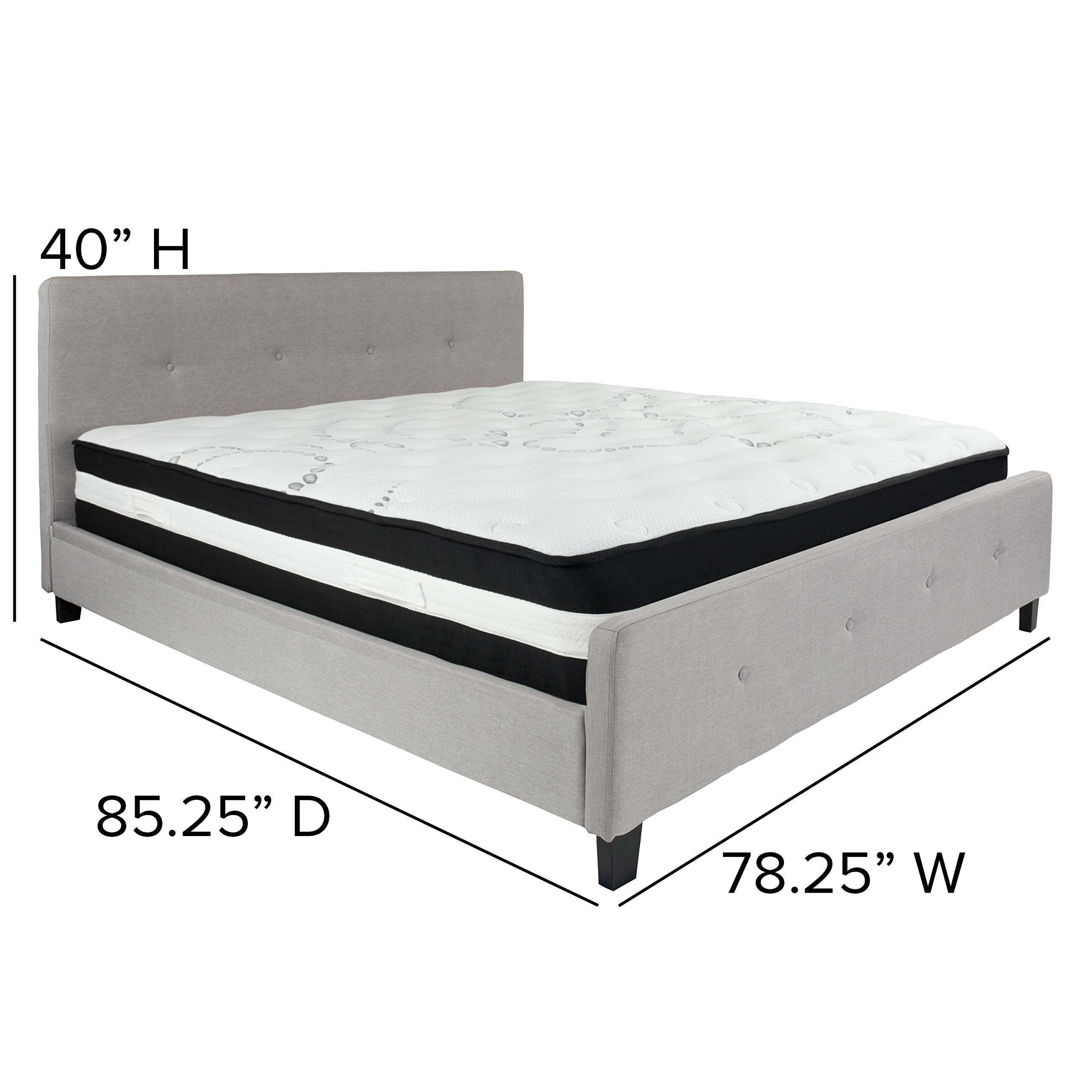 Flash Furniture Tribeca King Size Tufted Upholstered Platform Bed in Light Gray Fabric with Pocket Spring Mattress