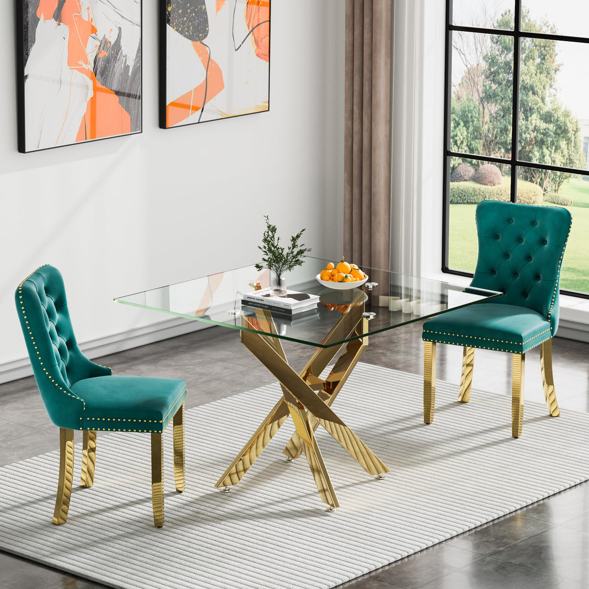Kuvadaz 36' Modern Gold Glass Dining Room Table Set For 2, 3-Piece Square Kitchen Dining Table Set With Cross Metal Legs And 2