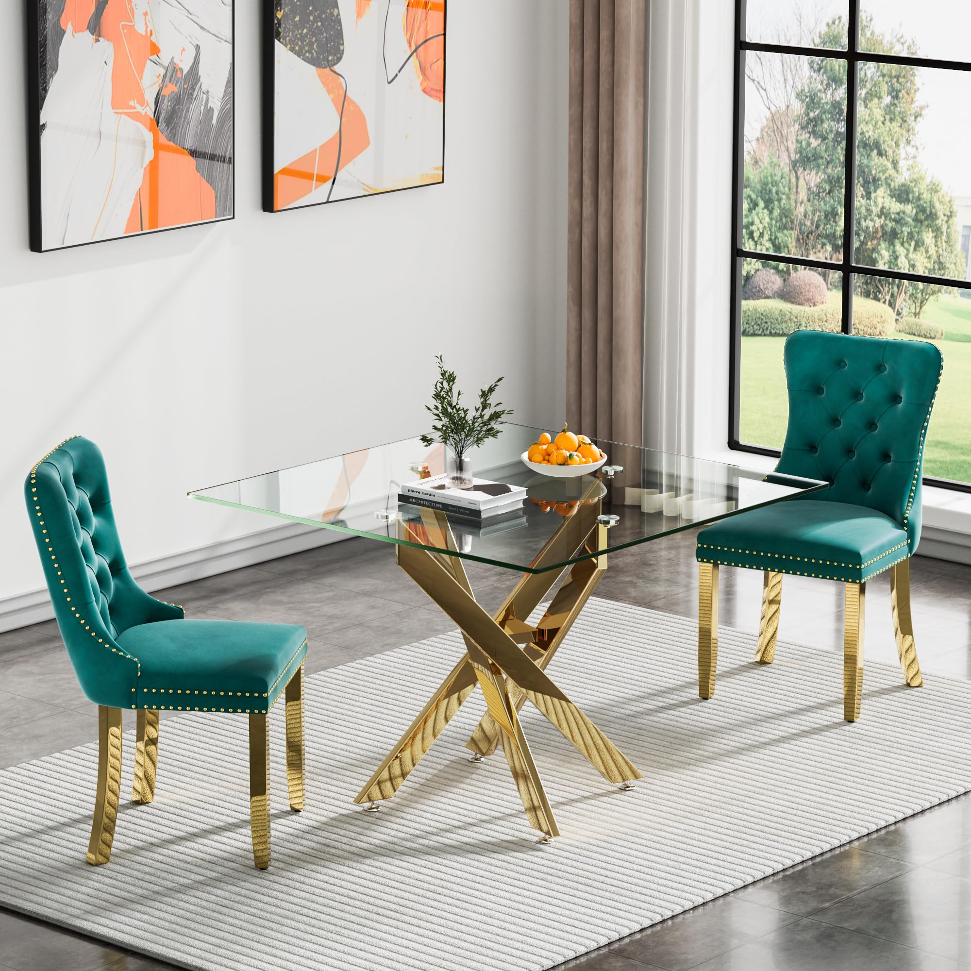 Kuvadaz 36' Modern Gold Glass Dining Room Table Set For 2, 3-Piece Square Kitchen Dining Table Set With Cross Metal Legs And 2