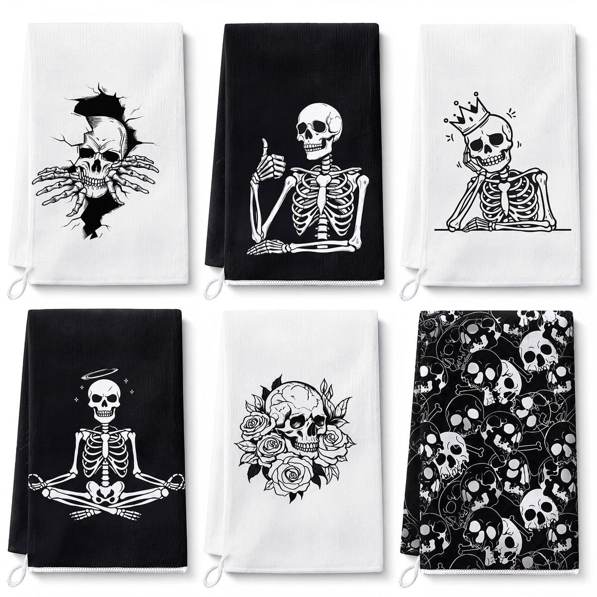 Haull 6 Pcs Gothic Skull Hand Towels Skeleton Kitchen Dish Towels, 16x24