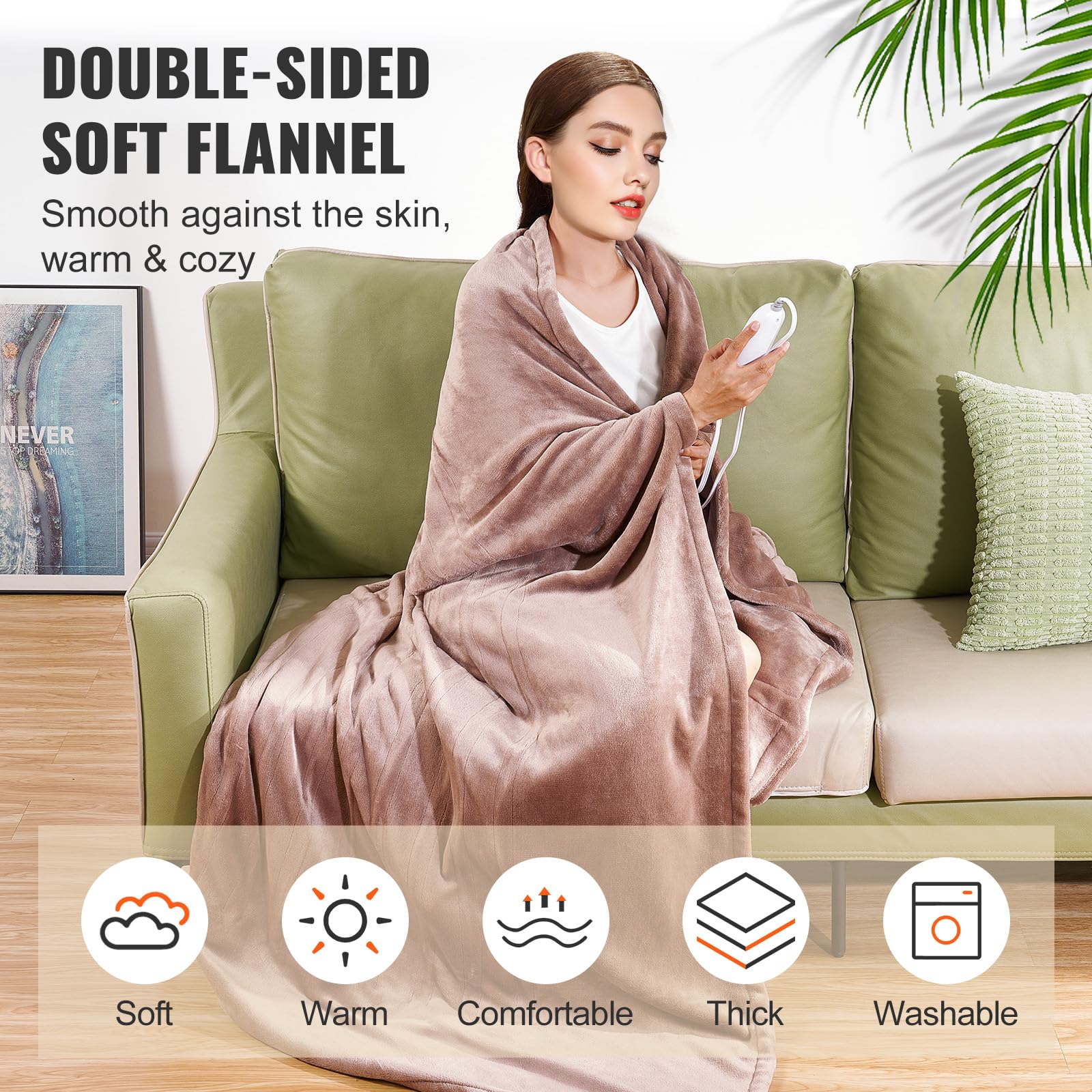 Vevor Heated Blanket Electric Throw, 100'' X 90'' King Size, Soft Flannel Heating Blanket With 10 Hours Timer Auto-Off & 5 Heati