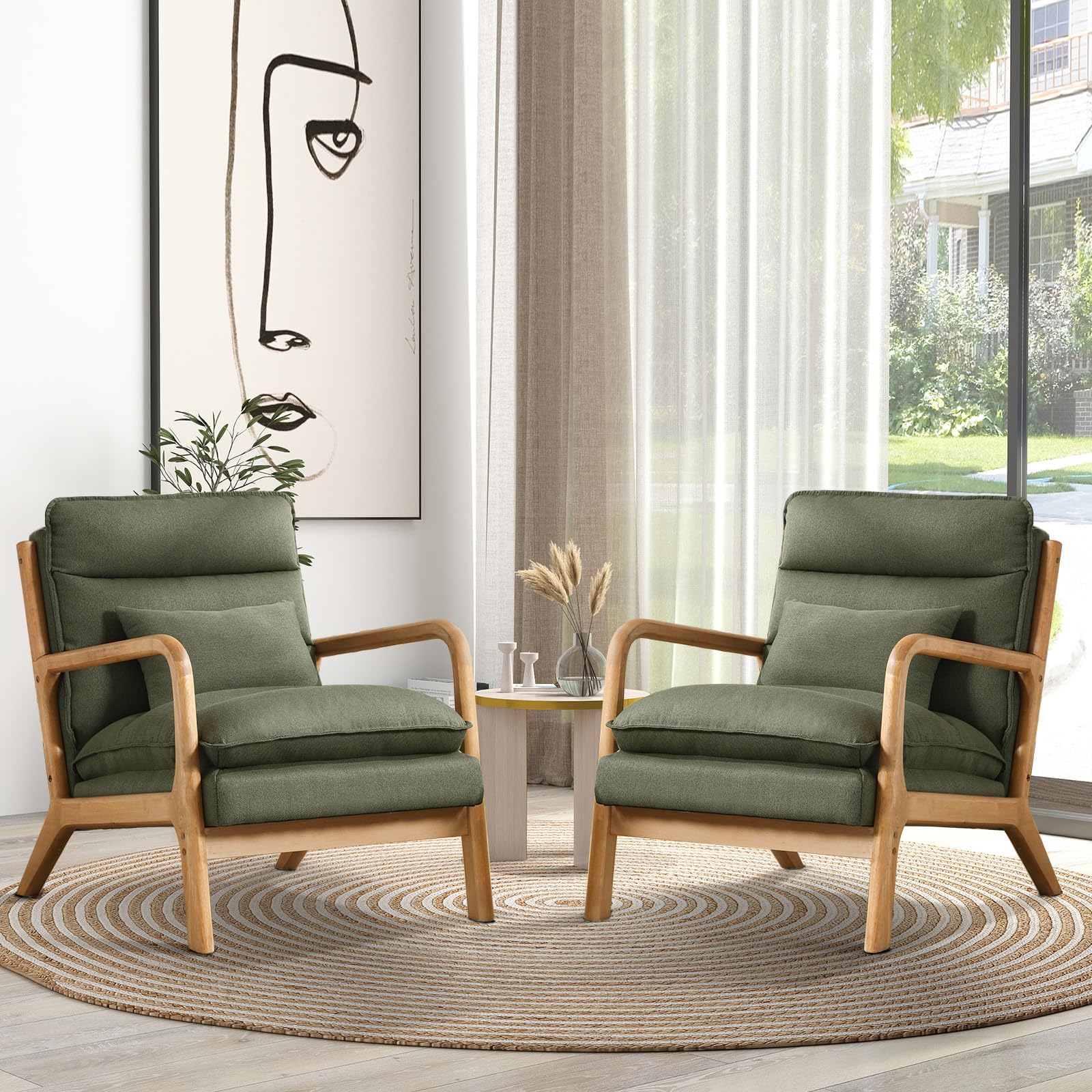 Iomor Mid Century Modern Accent Chair Set Of 2, Upholstered Lounge Armchair With Plump Back Pillow, Comfy Reading Chair With Sol