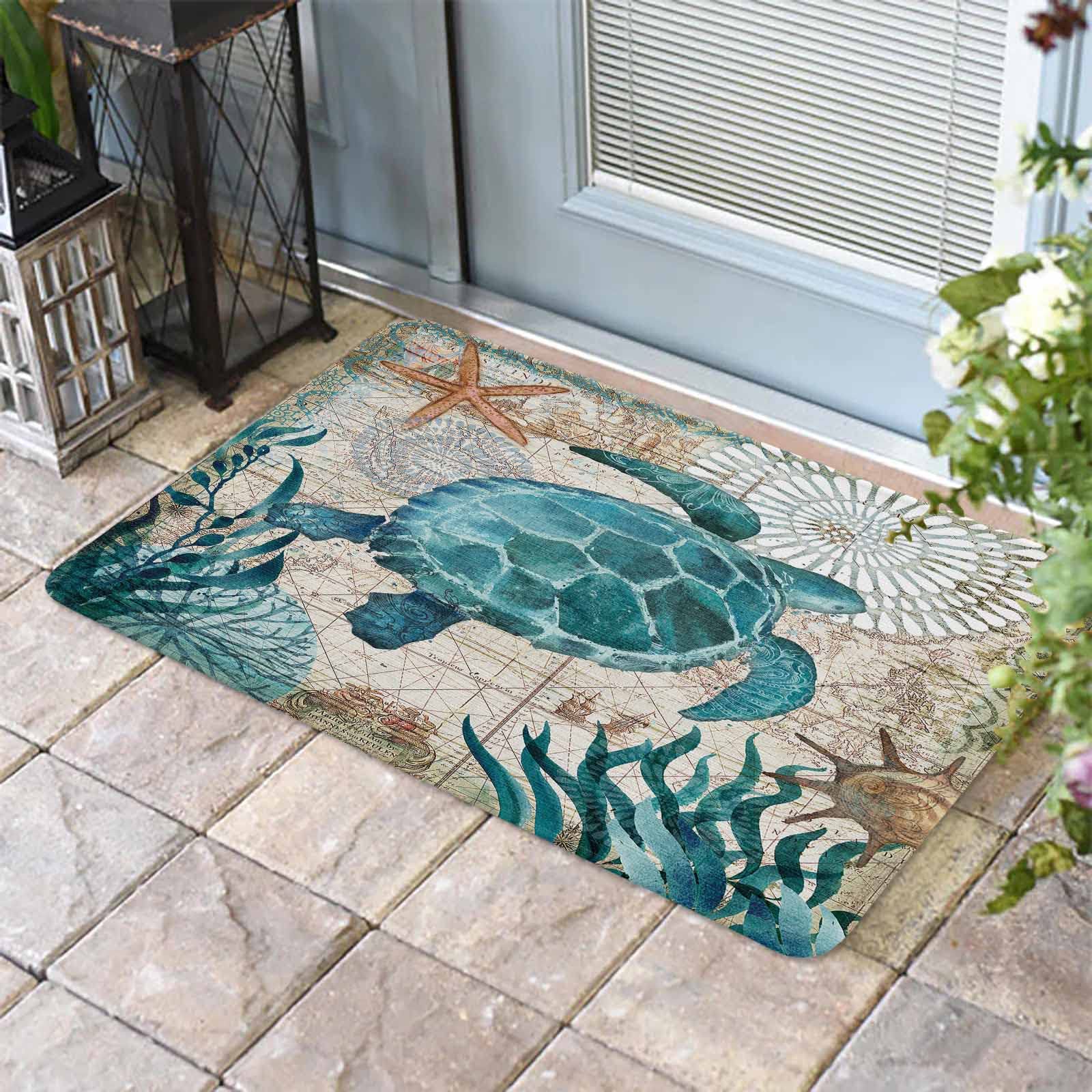 Coastal Blue Sea Turtle Nautical Map Doormat Welcome Mats Rugs Carpet Outdoor/Indoor For Home/Office/Bedroom, 18'X30'