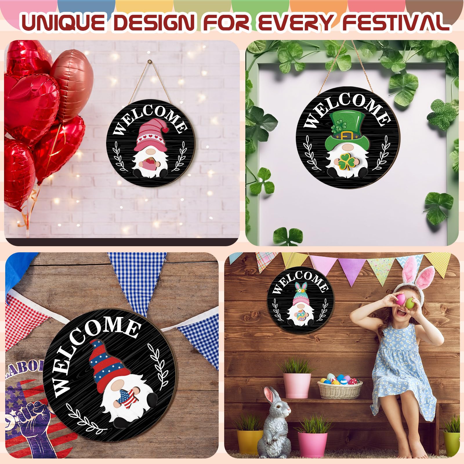Qunclay Interchangeable Black Wooden Gnome Hanging Decor Seasonal Decorative With Magnet Swappable Pieces Detachable Hat And Han