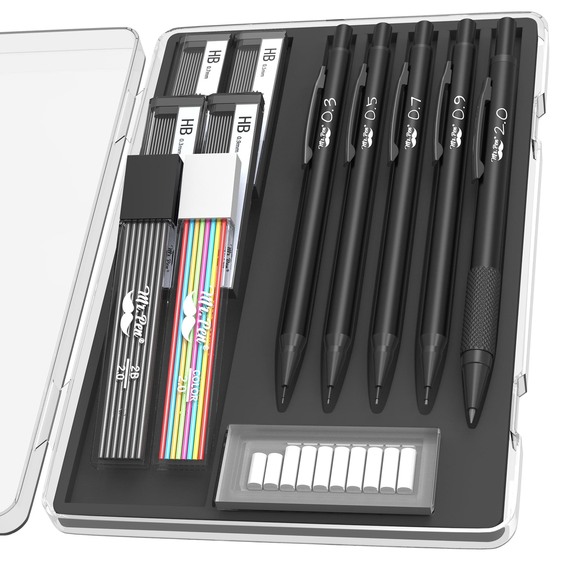 Mr. Pen- Metal Mechanical Pencil Set With Lead And Eraser Refills, 5 Sizes, Black, 0.3, 0.5, 0.7, 0.9, 2Mm, Drawing Mechanical P
