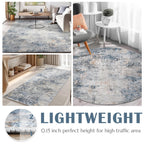 Jinchan Round Rug 4Ft Area Rug Indoor Modern Circle Rug 4' Round Washable Thin Rug Abstract Distressed Floor Mat Blue Multi Prin