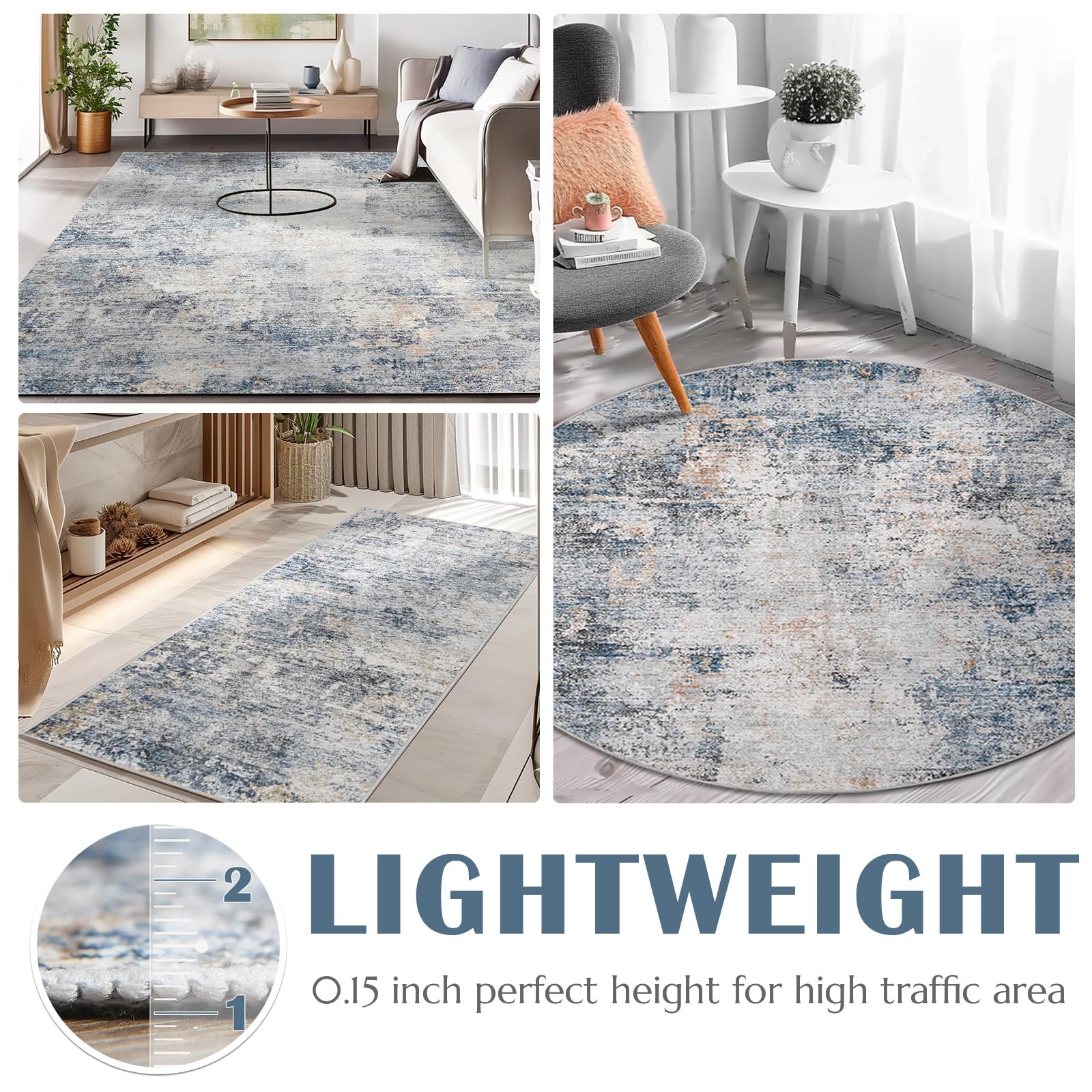 Jinchan Round Rug 4Ft Area Rug Indoor Modern Circle Rug 4' Round Washable Thin Rug Abstract Distressed Floor Mat Blue Multi Prin