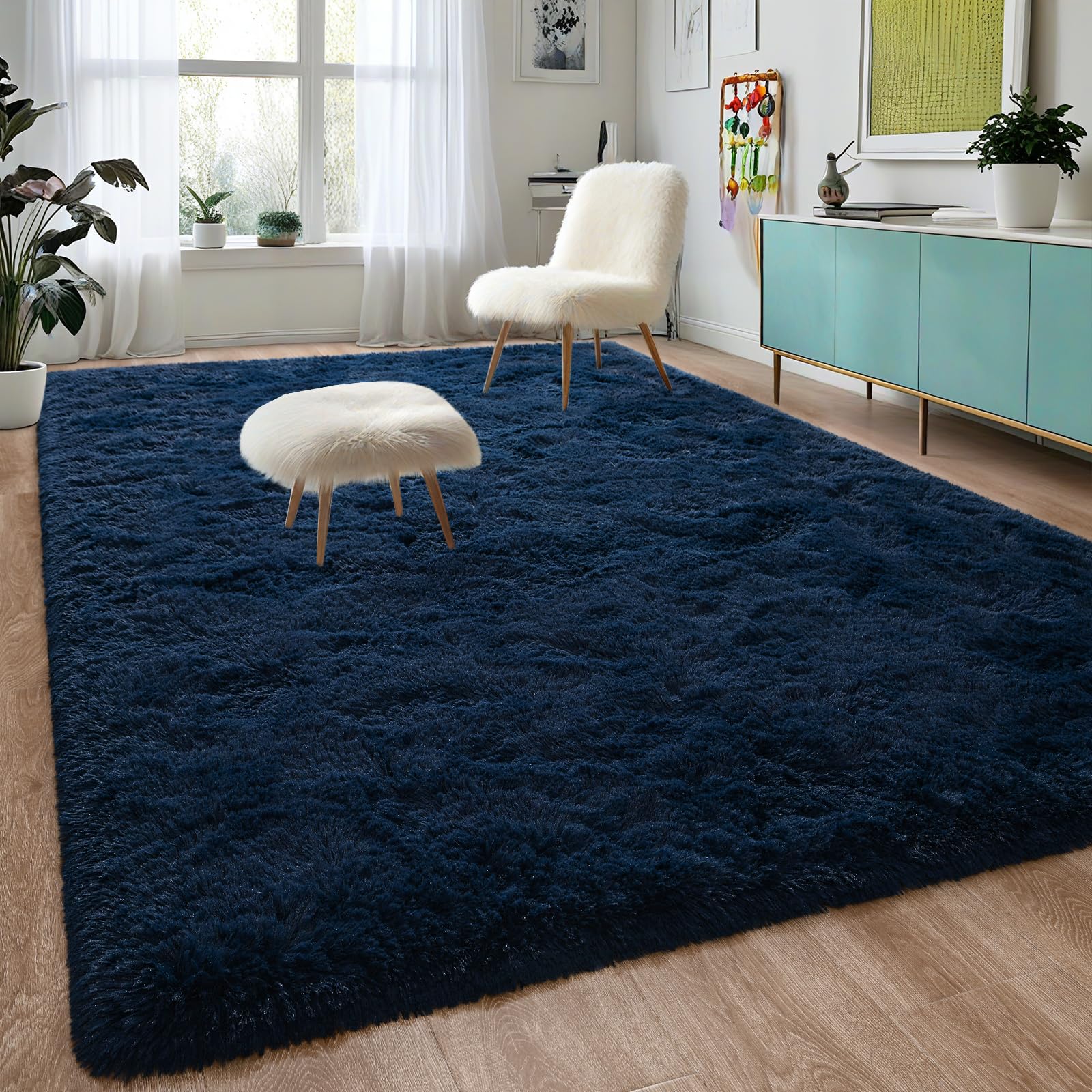 DweIke Super Soft Shaggy Rugs Fluffy Carpets, 8x10 ft, Navy Blue Area Rug for Living Room Bedroom Girls Kids Room Nursery Home D