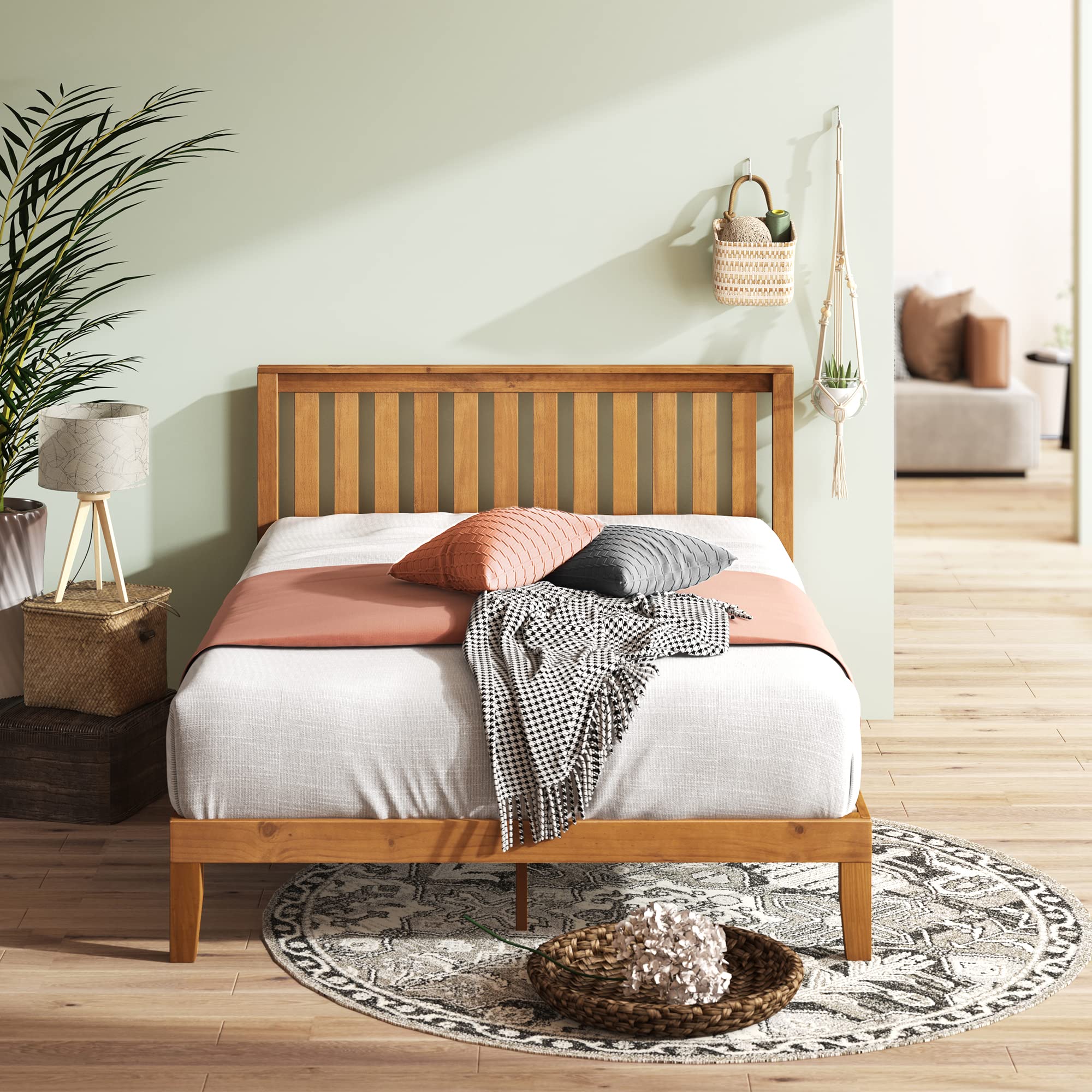 Zinus Alexia Wood Platform Bed Frame With Headboard, Solid Wood Foundation With Wood Slat Support, No Box Spring Needed, Easy Assembly, Rustic Pine, Queen