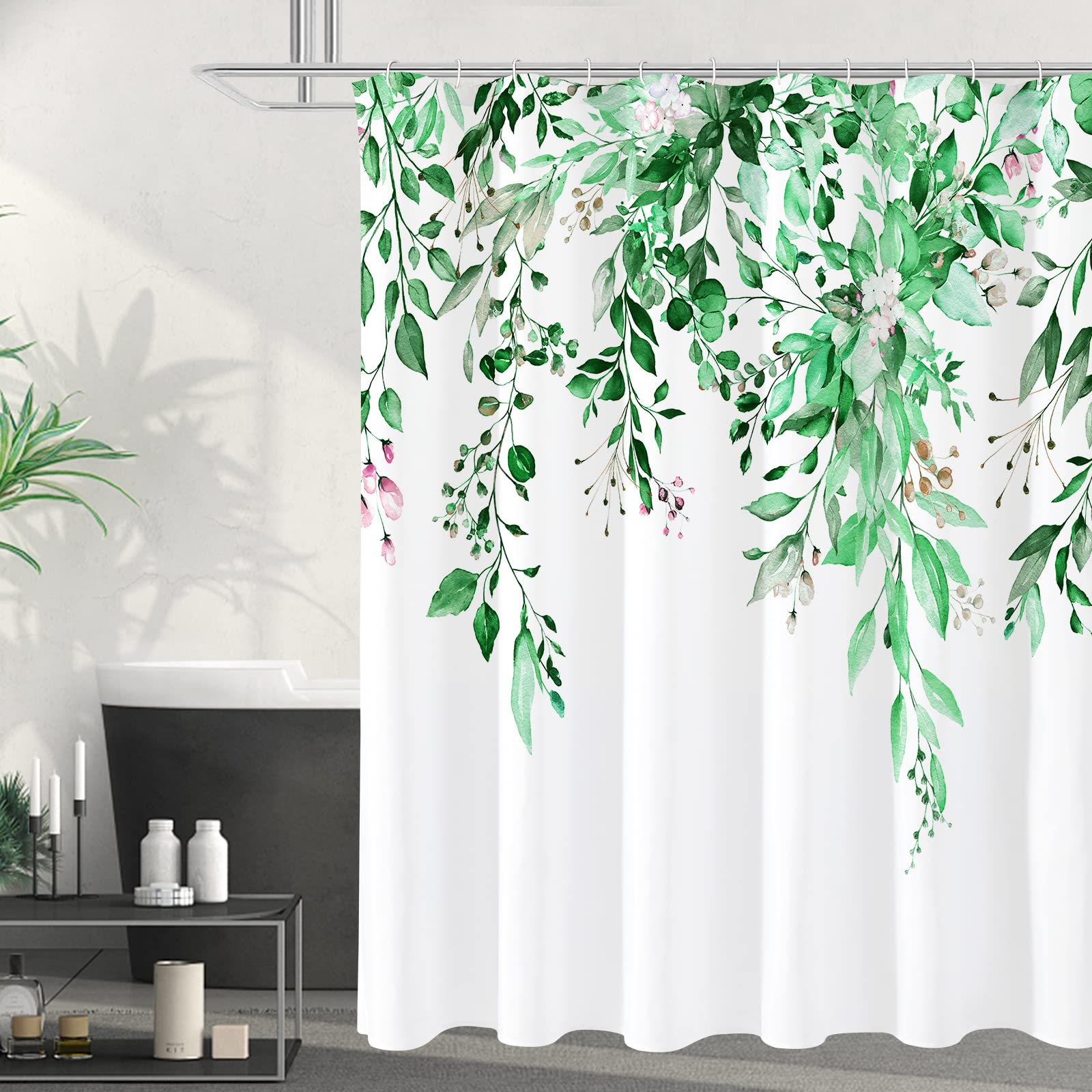 Gibelle Emerald Green Eucalyptus Shower Curtain, Watercolor Plant Leaves with Floral Bathroom Shower Curtain Set, 72x72