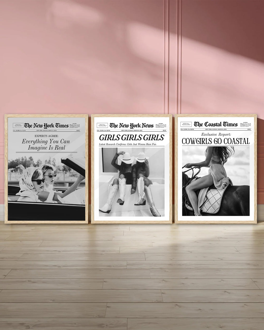 Ihery Girls Just Wanna Have Fun Framed Trendy Cowgirl Newspaper Wall Art, 12X16In Natural Oak Wood Black And White Canvas Wall D