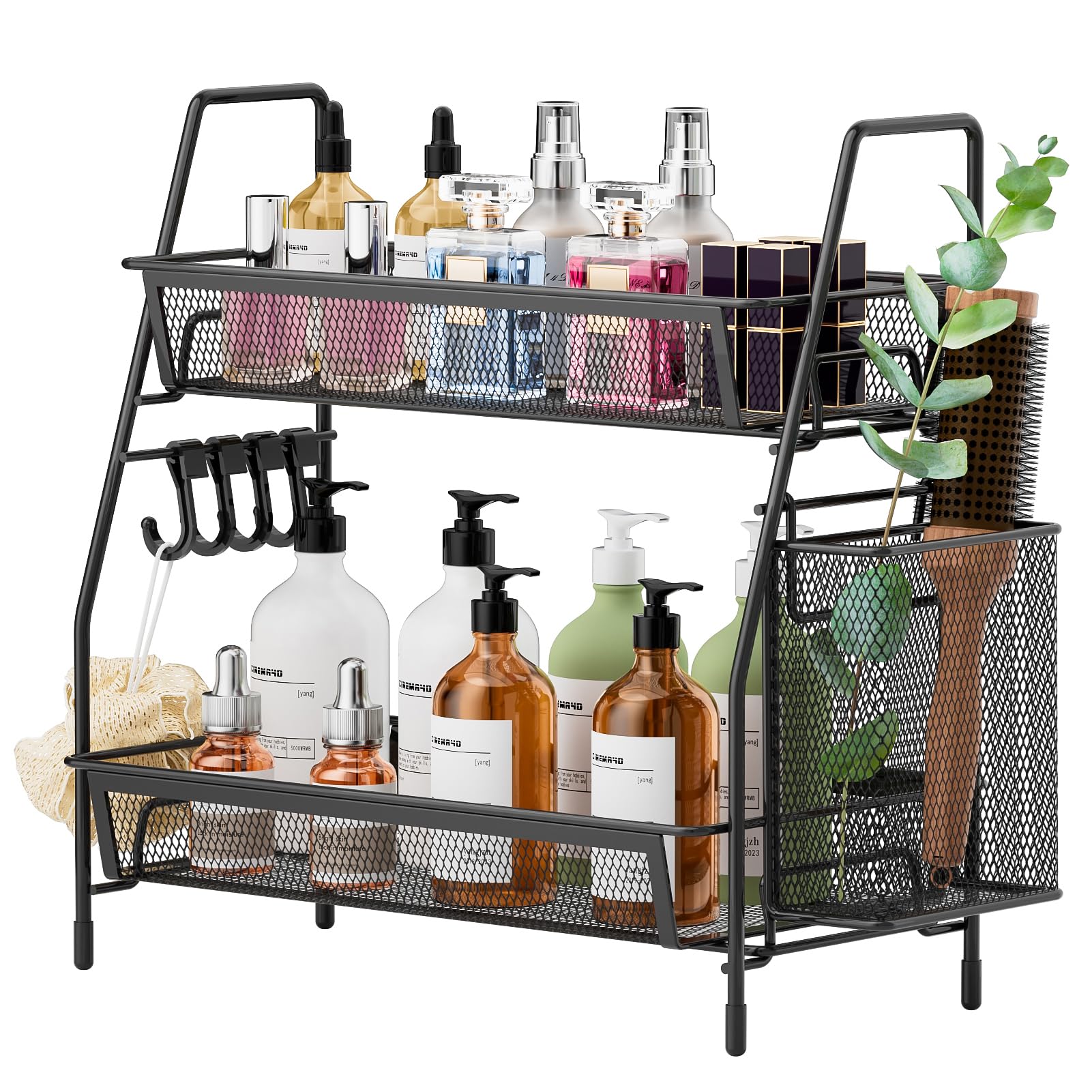 VITVITI 2-Tier Bathroom Organizer Countertop, Metal Wire Mesh Bathroom Counter Organizer Storage with Basket Hooks, Vanity Tray 