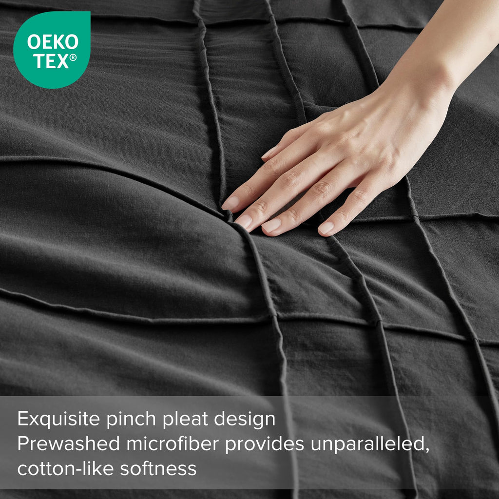 Comfort Spaces Black Queen Size Duvet Cover Set - 3 Pieces Pintuck Pleated Duvet Cover Queen, All Season Lightweight, Extra Softness Pre-Washed Microfiber Queen Bedding Cover Shams, Full/Queen