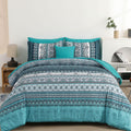 Boho Queen Comforter Set 8 Pieces, Teal Comforter Bohemian Striped Bed In A Bag,Soft Microfiber Bedding Set For All Seasons