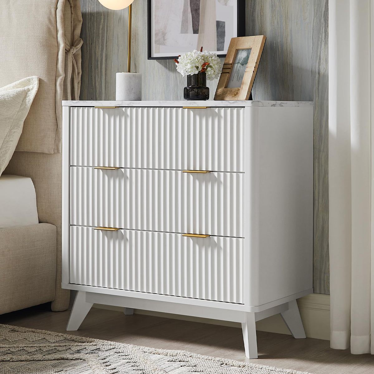 T4Tream 32' Tall Fluted Nightstand, Modern Side Table With Faux Marble Top, 3 Drawers End Table W/Storage, Bedside Table For Be