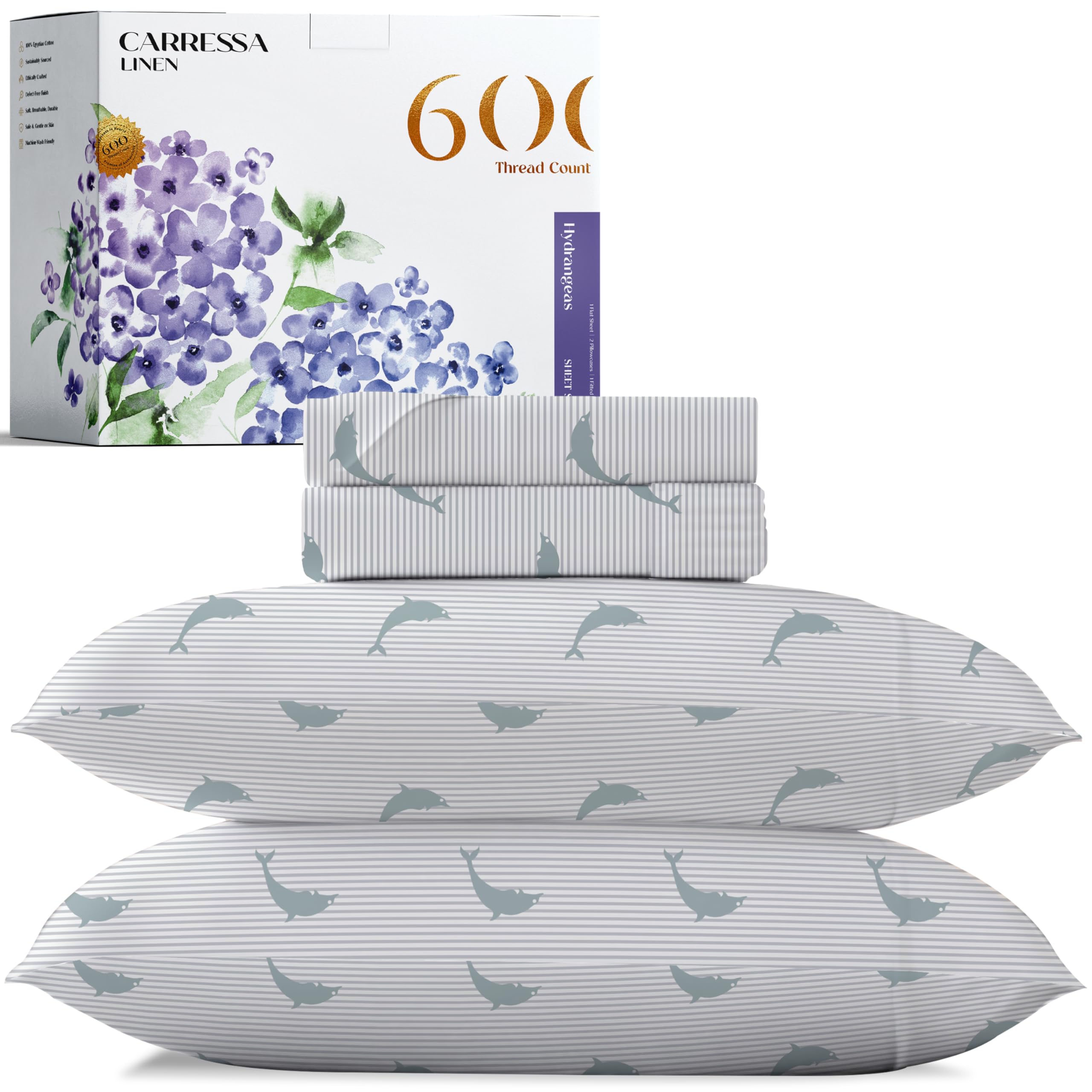 Carressa Linen Luxury Egyptian Cotton Queen Printed Sheet Set - 600 Thread Count Extra Long Staple 4 Pc Set, Dolphin Dance Queen