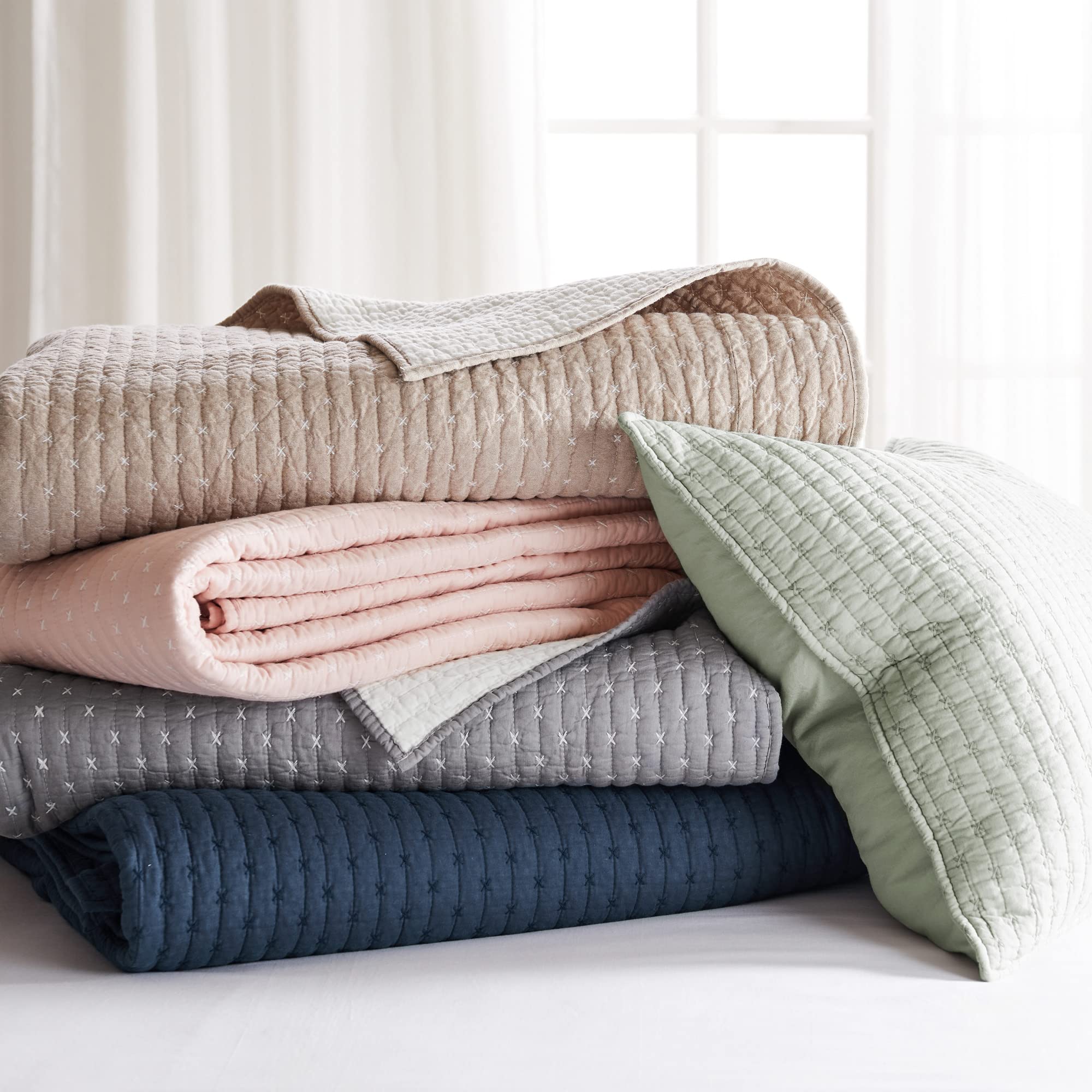 Levtex Home - Cross Stitch Desert Sage Quilt Set - 100% Cotton - Full/Queen Quilt (88X92In.) + 2 Standard Shams (26X20In.) - Rev
