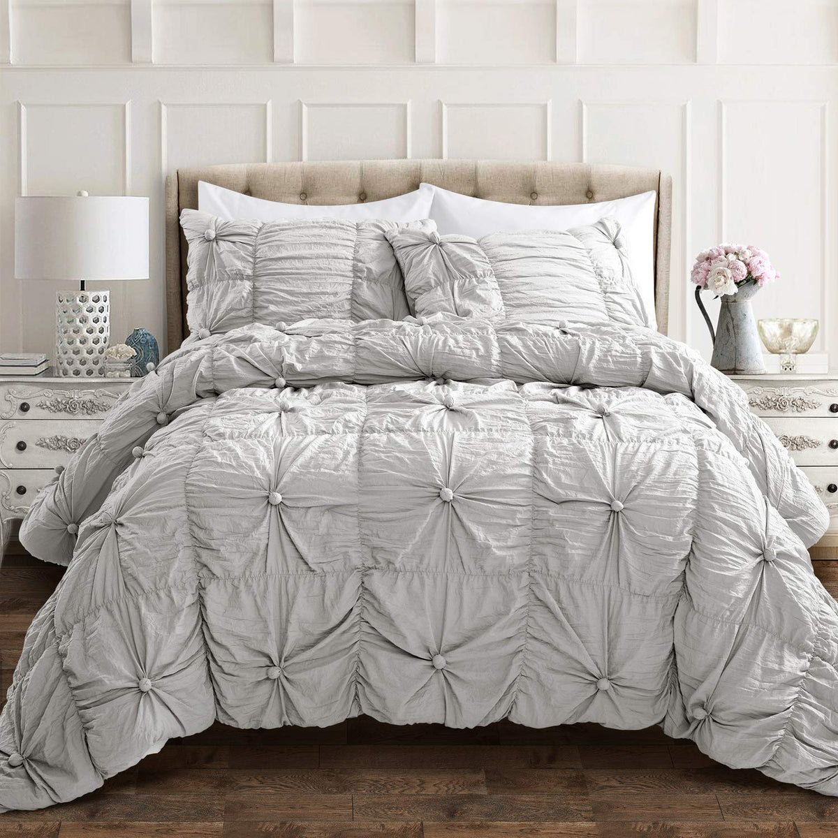 Lush Decor Bella Comforter Set Vintage Chic Style Ruched 3 Piece Bedding With Pillow Shams-King-Light Gray