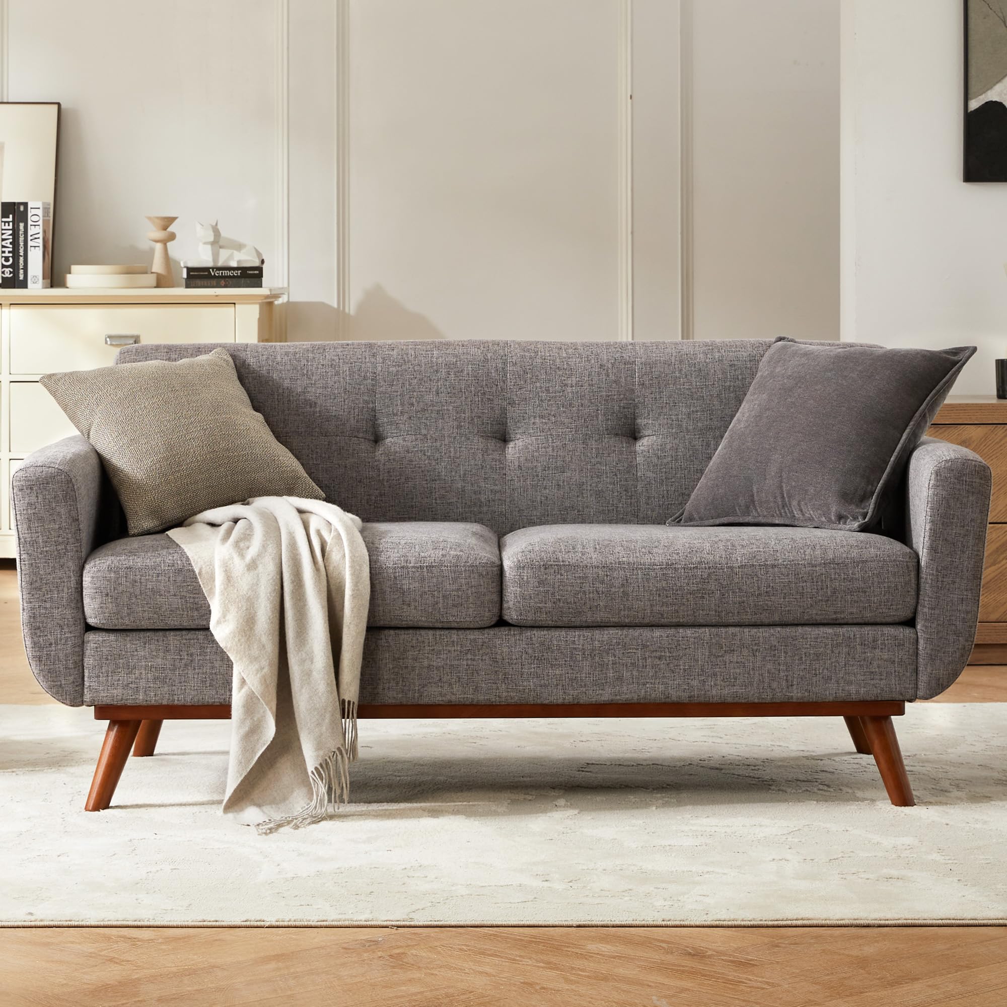 Kingfun 65.3' W Loveseat Sofa, Mid Century Modern Decor Love Seat Couches For Living Room, Button Tufted Upholstered Furniture, Solid & Easy To Install Small Couch For Bedroom Office Apartment, Grey