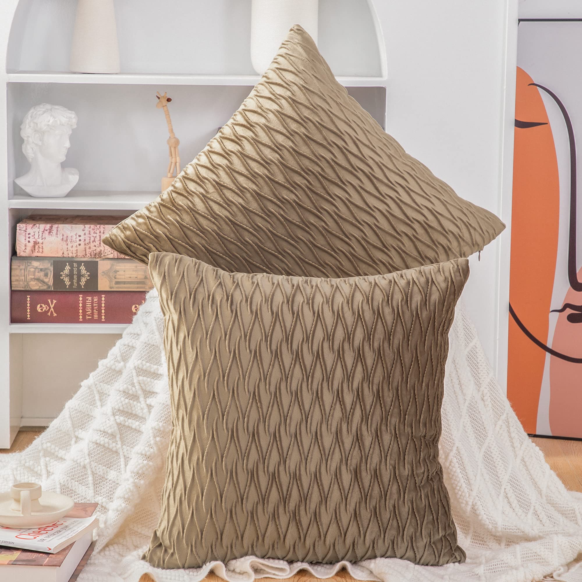 Madizz Set Of 2 Super Soft Velvet Decorative Throw Pillow Covers 24X24 Inch Light Brown Square With Texture Luxury Style Cushion