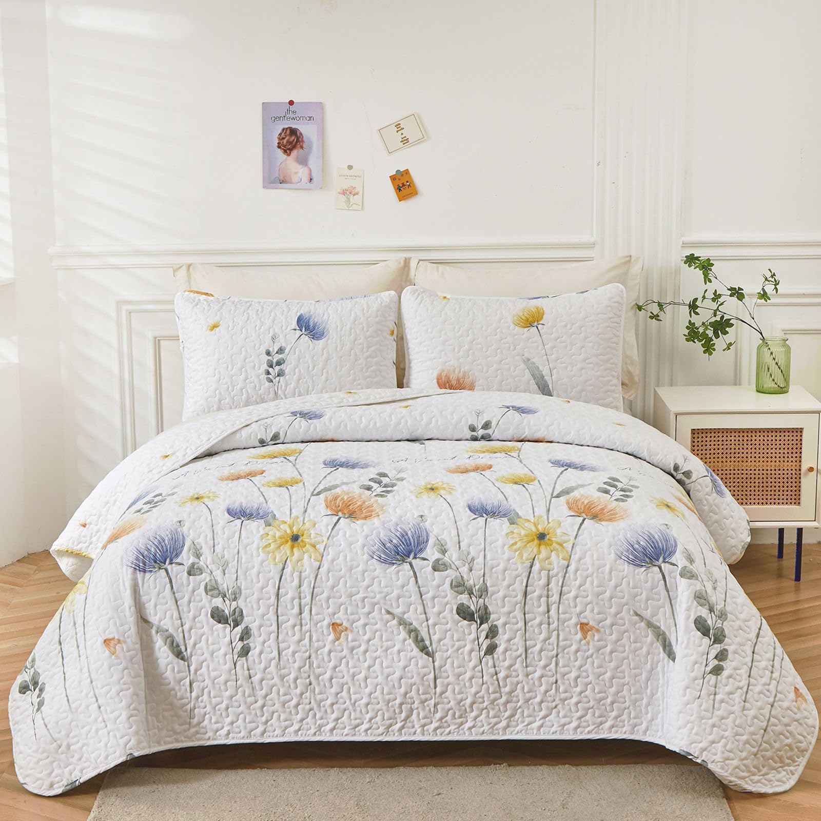 Dinjoy Floral Quilt Set Queen 3 Pieces Blue & Yellow Quilt Coverlet Set Bohemian Bedspread Bed Cover Lightweight Quilt For All S