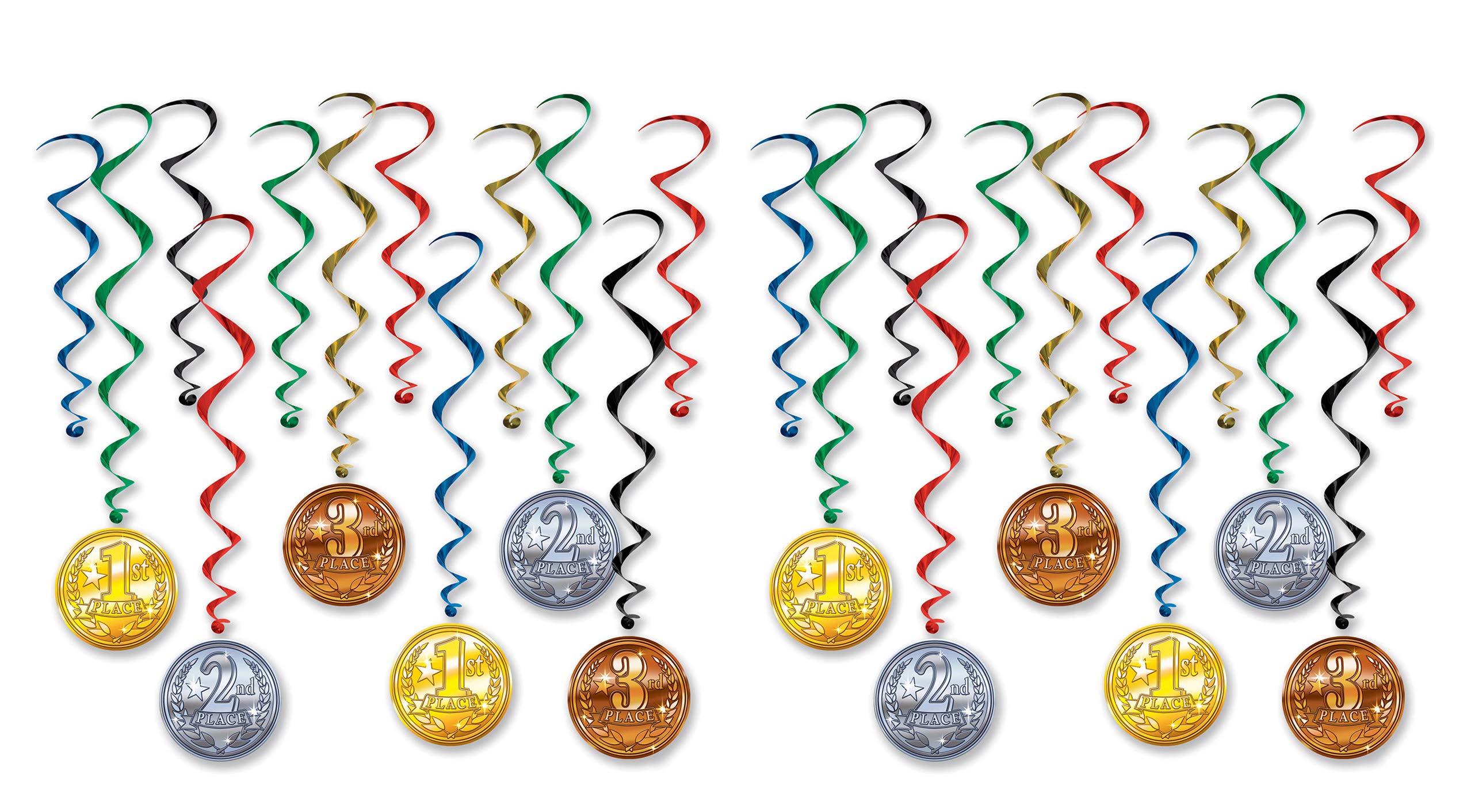 Beistle Award Medal Whirls 24 Piece Sports Party Supplies Hanging Spiral Decorations, 17.5' - 32', Multicolored