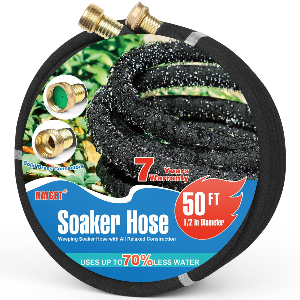 Naicet Soaker Hose 50Ft Heavy Duty Rubber Saves 75% Water End Cap Included For Additional Hose Connect Great For Gardens/Flower