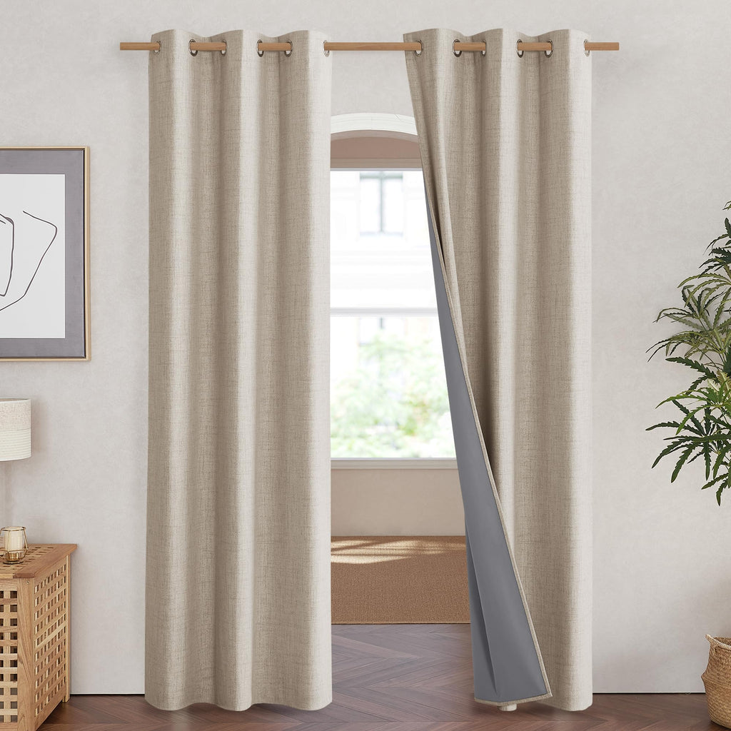 Nicetown Oatmeal Full Blackout Boho-Chic Linen Curtains 84 Inch Long 2 Panels Set For Cafe Window, 42 Inch Wide, Thick Linen Blend Drapes, Insulated Window Covers Draperies With White Backing