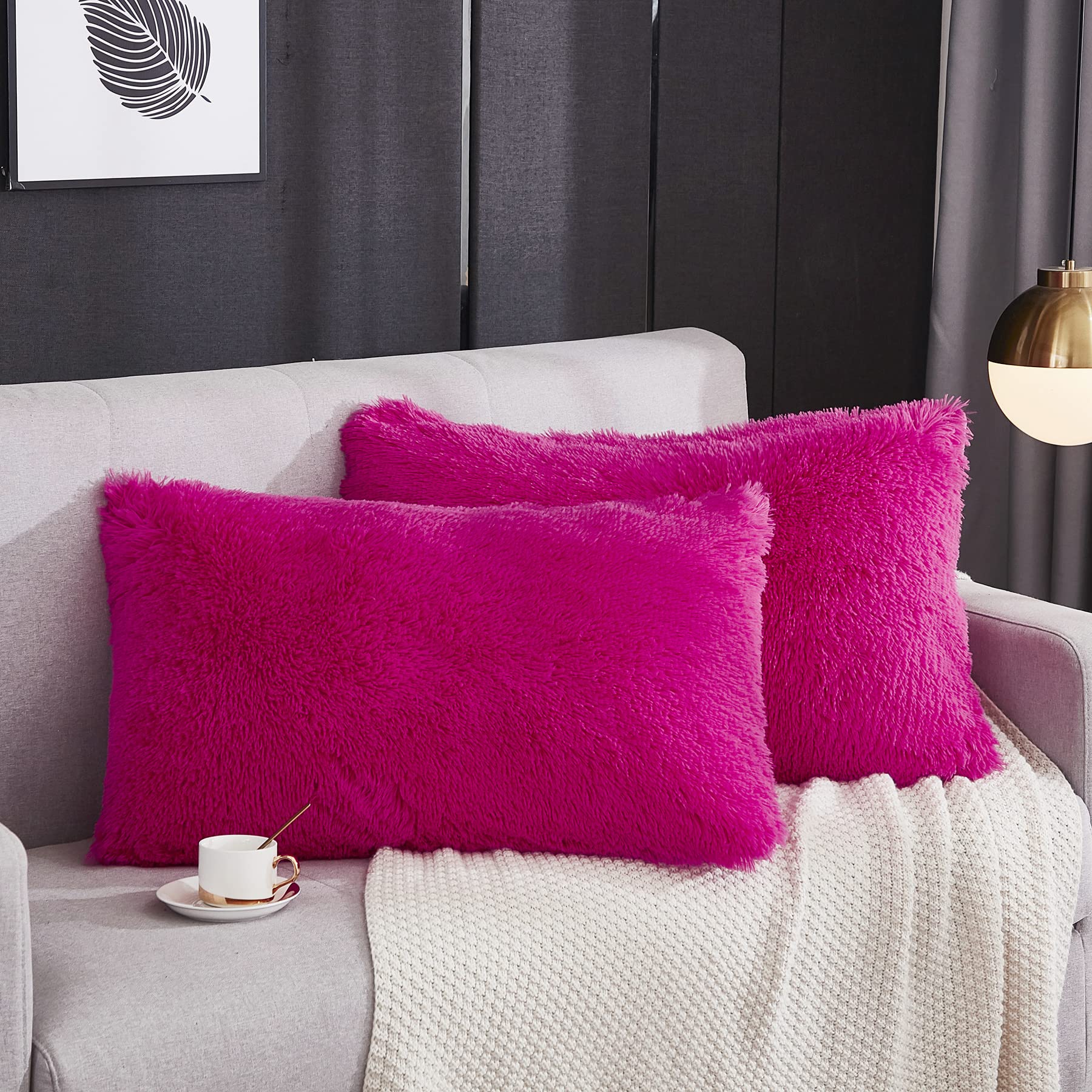 Werdim Shaggy Faux Fur Pillowcases 2 Pack Button Closure Velvet Pillow Shams King Size (Hot Pink, 20 X 36 Inches)