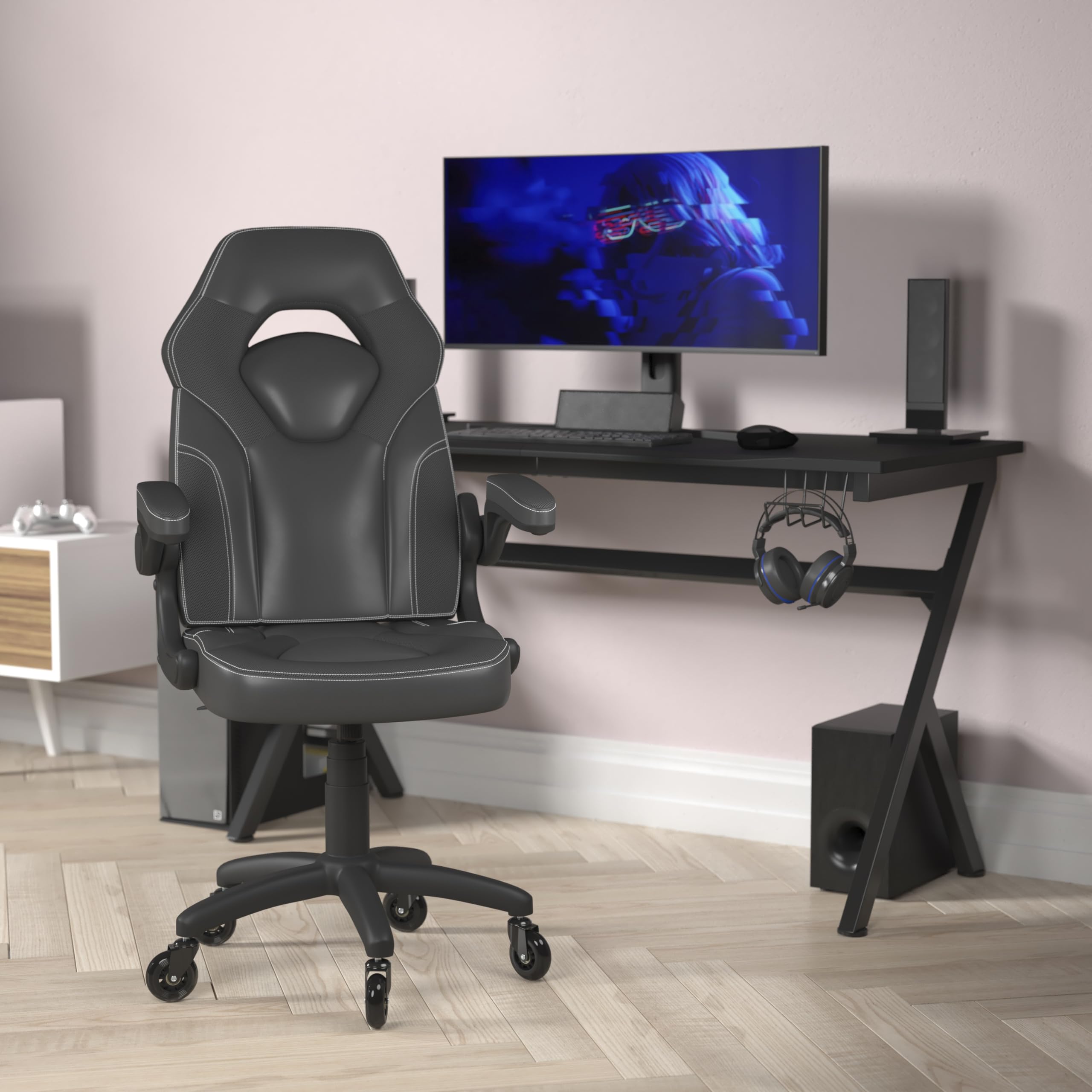 Flash Furniture X10 Gaming Chair Racing Office Computer Pc Adjustable Chair With Flip-Up Arms And Transparent Roller Wheels, Black Leathersoft