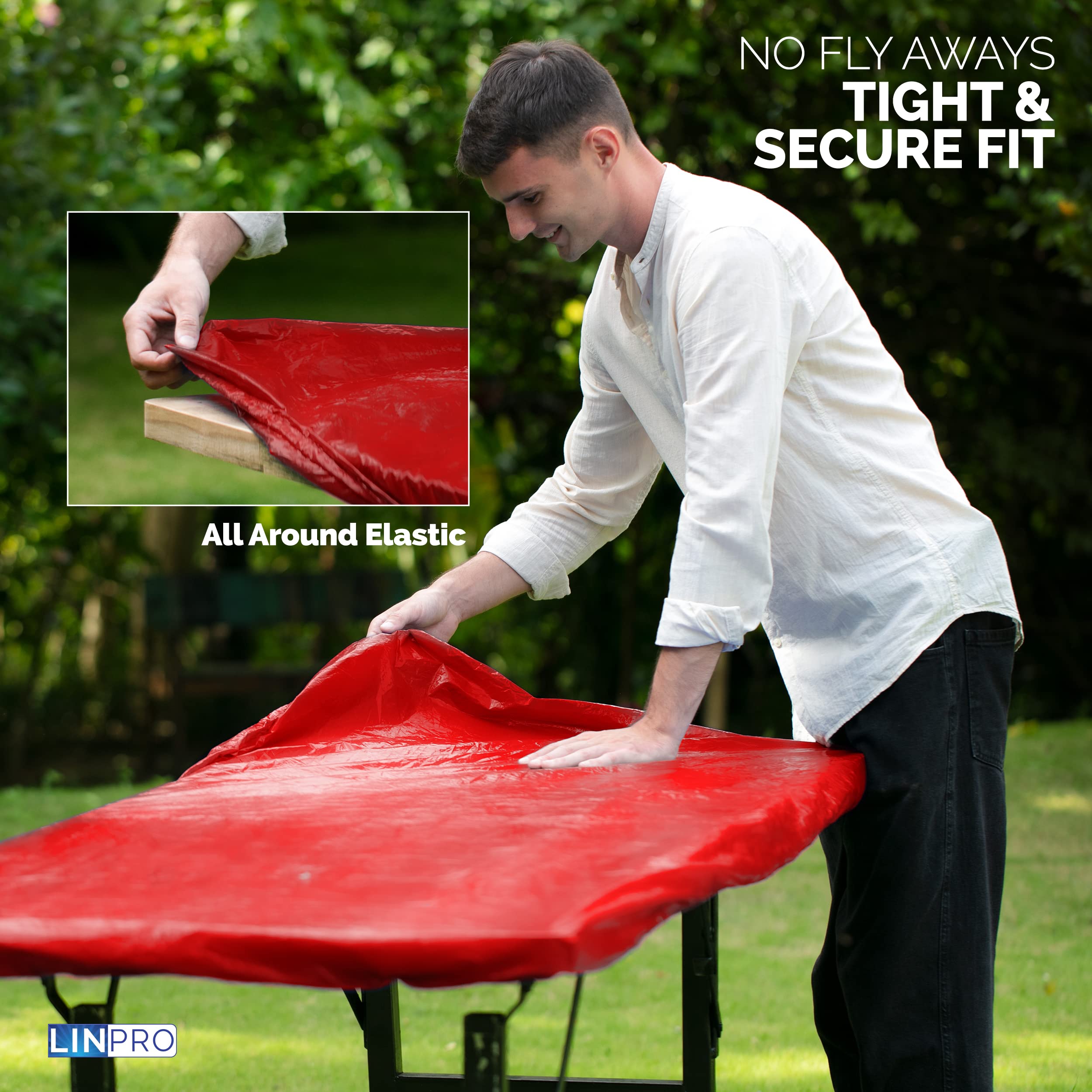 Linpro 5Pk Plastic Table Cloths Disposable For Parties 8Ft Picnic Table Covers With Elastic Fitted Camping Tablecloth Elastic Table Cover Rectangle Red Tablecloth Waterproof Outdoor & Folding Tables