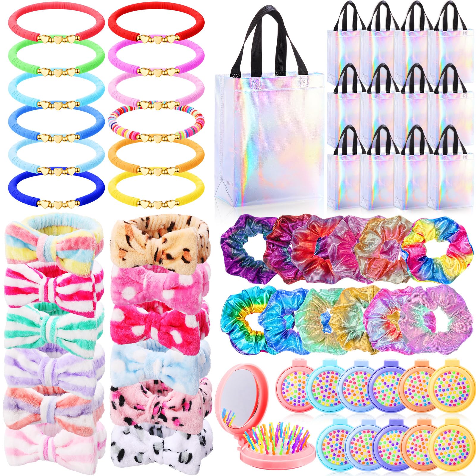 Suncalla 60 Pcs Girl Party Favors 2025 Weekend Gift Bags Friendship Bracelets Spa Headband Hair Scrunchie Comb with Makeup Mirro