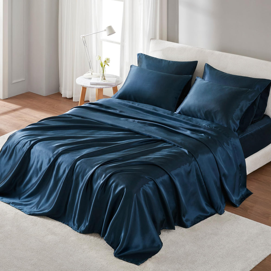 Madison Park Essentials Satin Sheets Twin Size, Luxurious Silky Satin Bed Sheets, Elastic 14' Pocket Fits Up To 16' Mattress, Wrinkle-Free, Soft Satin Bed Sheet Set, Midnight Blue 4 Piece