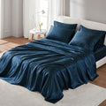 Madison Park Essentials Satin Sheets Twin Size, Luxurious Silky Satin Bed Sheets, Elastic 14' Pocket Fits Up To 16' Mattress, Wrinkle-Free, Soft Satin Bed Sheet Set, Midnight Blue 4 Piece
