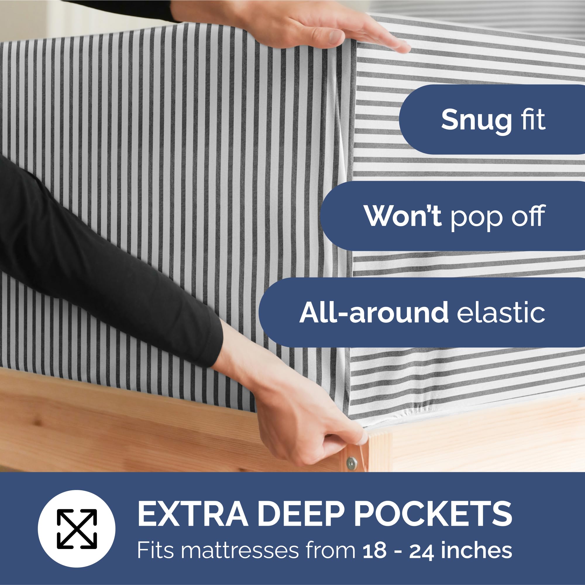 Extra Deep Pocket Cal King Sheets - 4 Piece Breathable & Cooling Bed Sheets - Hotel Luxury Bed Sheet Set - Soft, Wrinkle Free & Comfy - Easily Fits Extra Deep Mattresses - Grey Striped Sheets Set