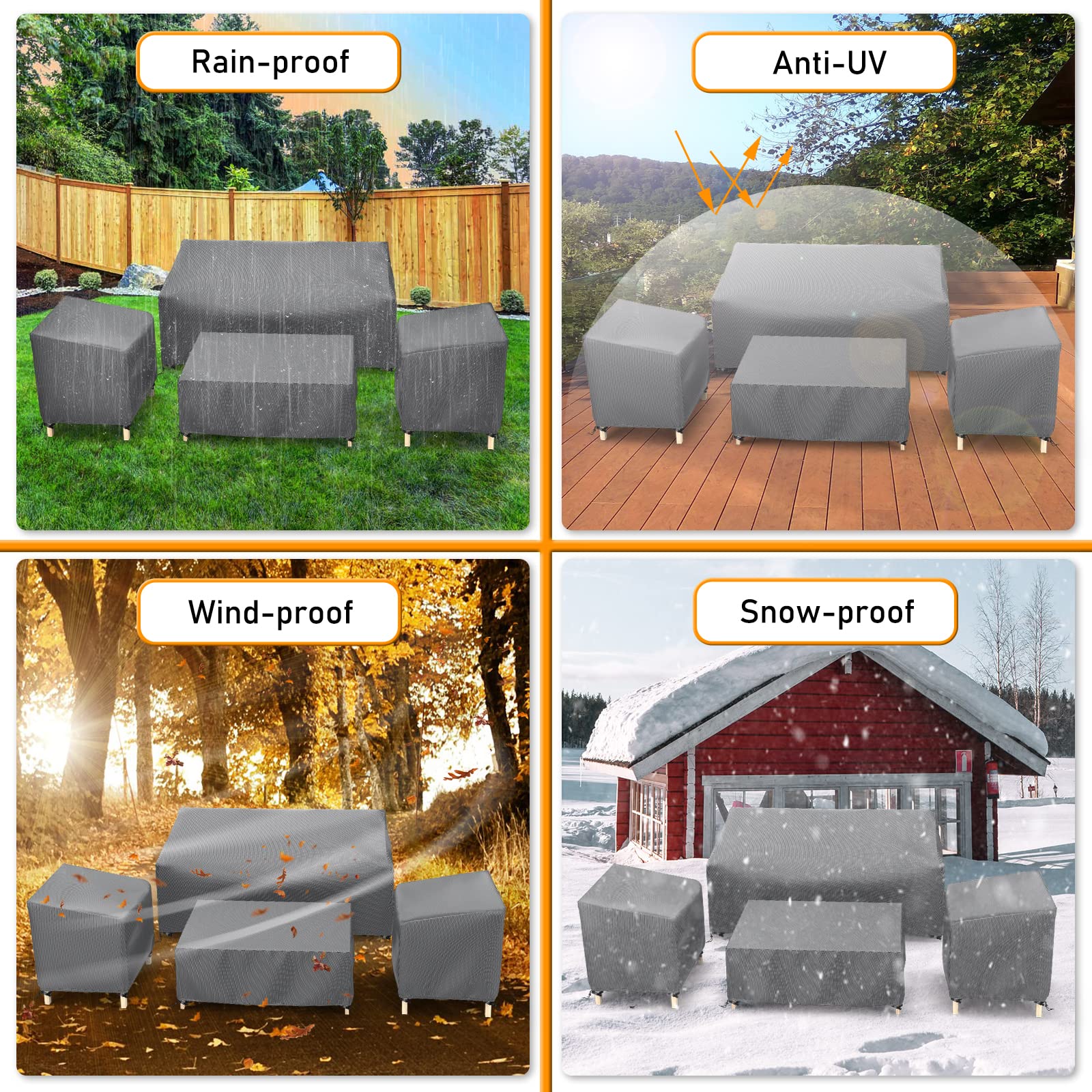 Startwo Outdoor Patio Furniture Covers Waterproof 4-Piece Set, For Chairs 33In, Loveseat 58In, Coffee Table 46In, Heavy Duty 600D, Grey