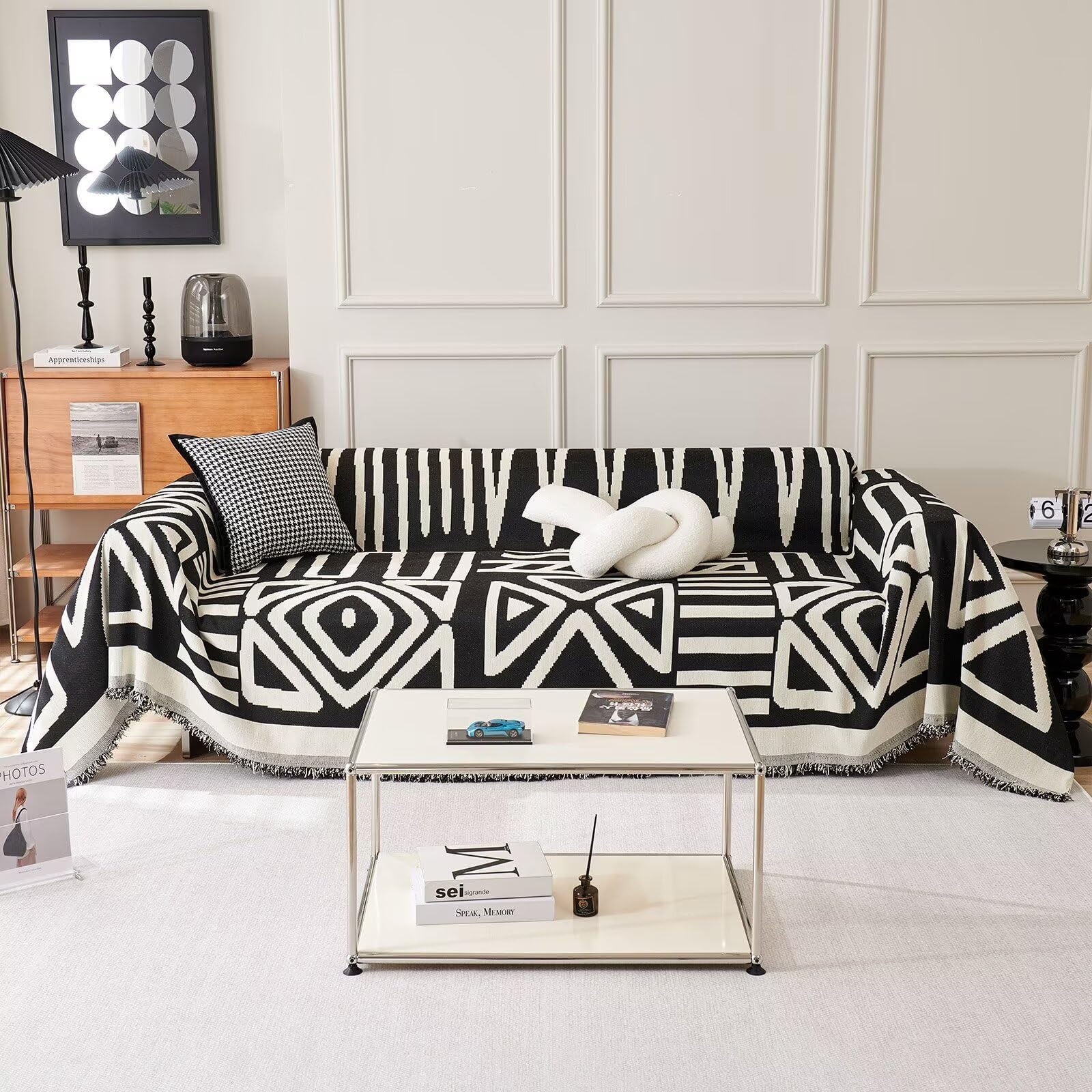 Vclife Boho Couch Cover Chenille Sofa Cover Modern Black White Plaid Sofa Slipcover With Tassel Non Slip Triangle Plaid Couch Co