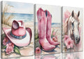 3Pcs Coastal Western Cowgirl Canvas Wall art Pink Flower Boots Hat Horse Aesthetic Painting Pictures Wall Decor Southern Girl Tr