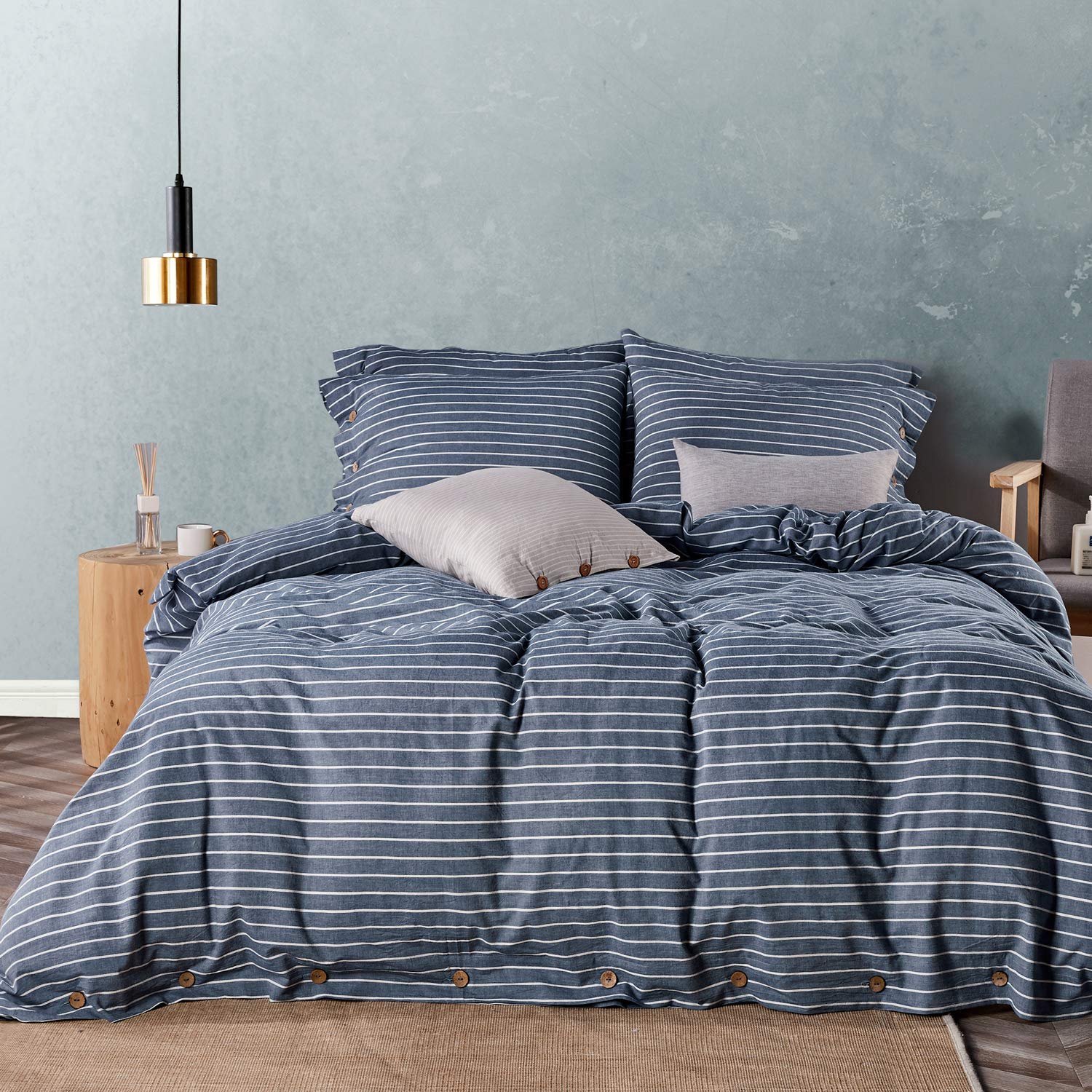 Jellymoni Pinstriped 100% Washed Cotton Linen Like Duvet Cover Set, 3 Pieces Luxury Soft Bedding Set With Buttons Closure, Blue