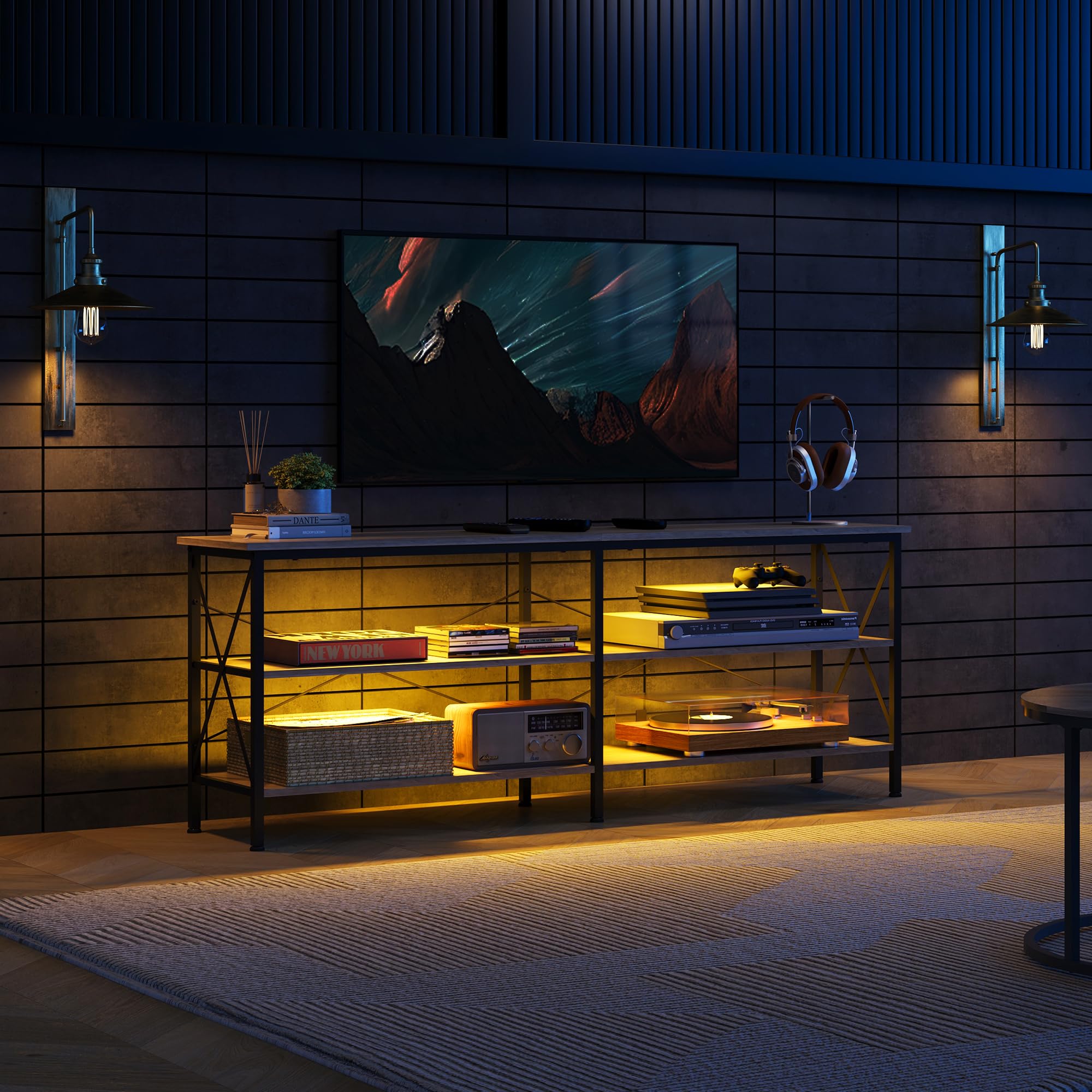 Wlive Tv Stand Up To 70 Inch Tv, 63' Entertainment Center With Led, Tv Media Console With 3-Tier Storage Shelves For Living Room And Bedroom, Greige