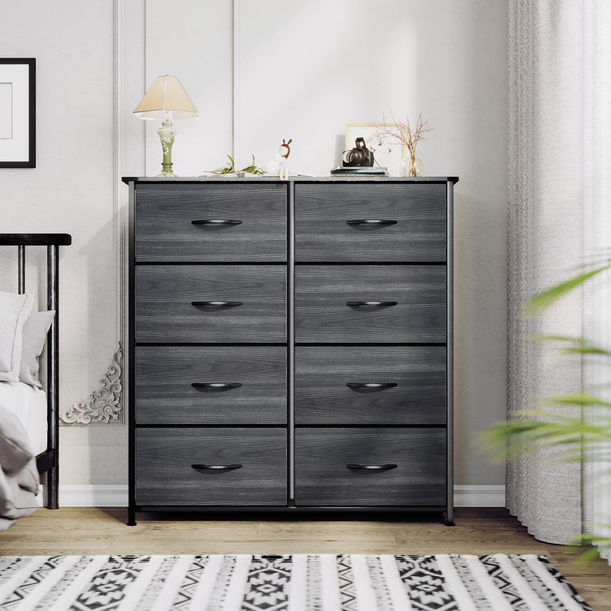 Yitahome Cloth Dresser With 8 Drawers - Fabric Dresser For Closet, Chester Drawers For Bedroom, Hallway, Closets - Sturdy Steel Frame, Wooden Top & Easy Pull Fabric Bins, Charcoal Black Wood Grain