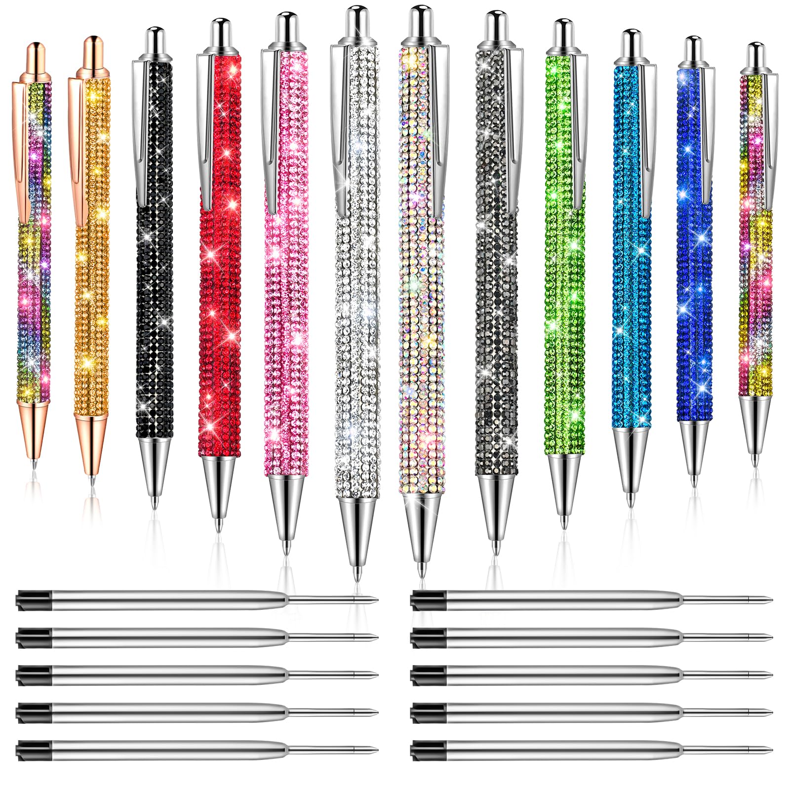 Zsmkjiaye 12Pcs Rhinestone Pens Bling Metal Ballpoint Diamond Pens Bulk Fancy Sparkly Crystal Press Retractable Black Ink 0.7Mm
