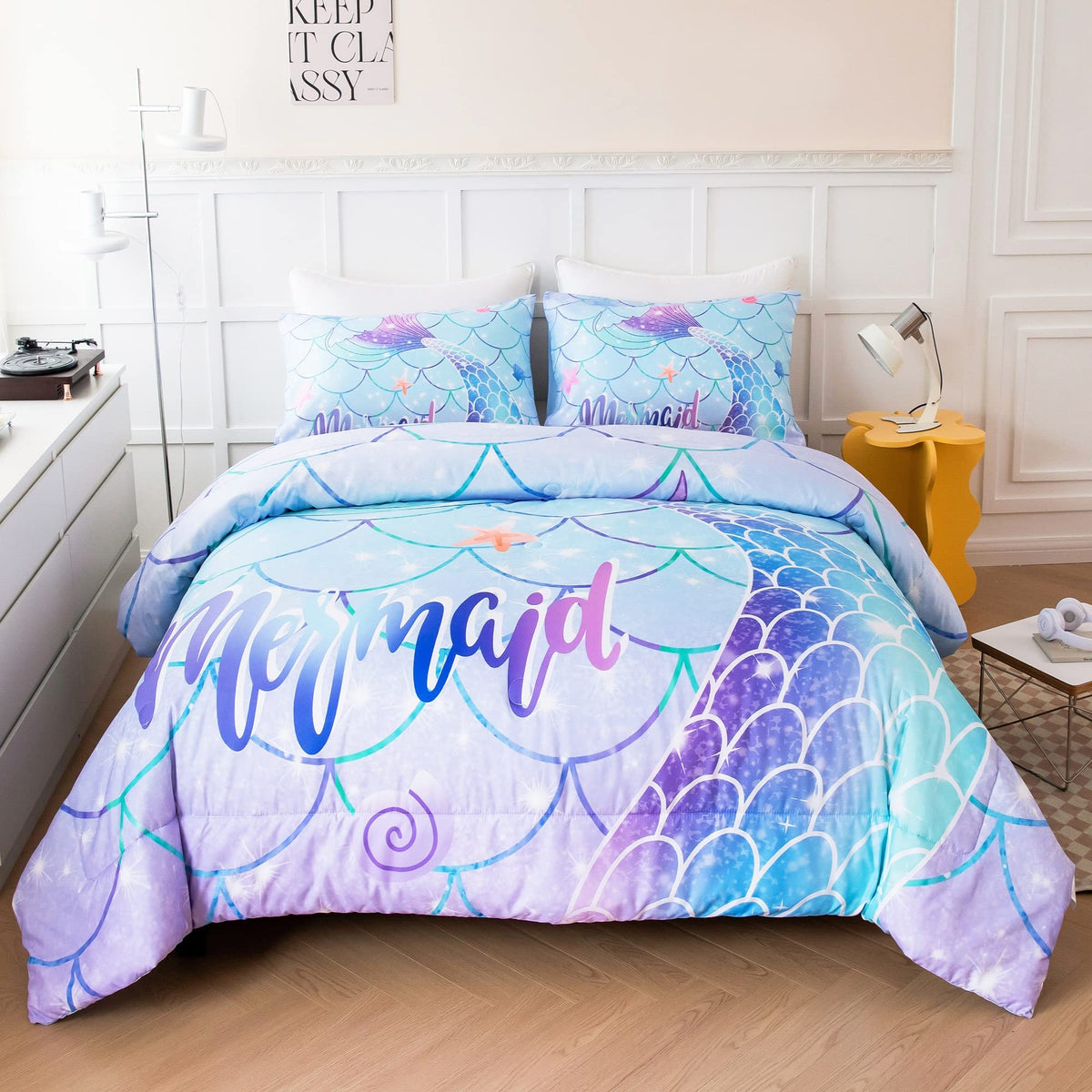 Zrnbast Mermaid Tail Comforter Set Full Size Turquoise Blue Purple Bedding Set For Girls Kids Teens Soft Teal Gradient Glitter B
