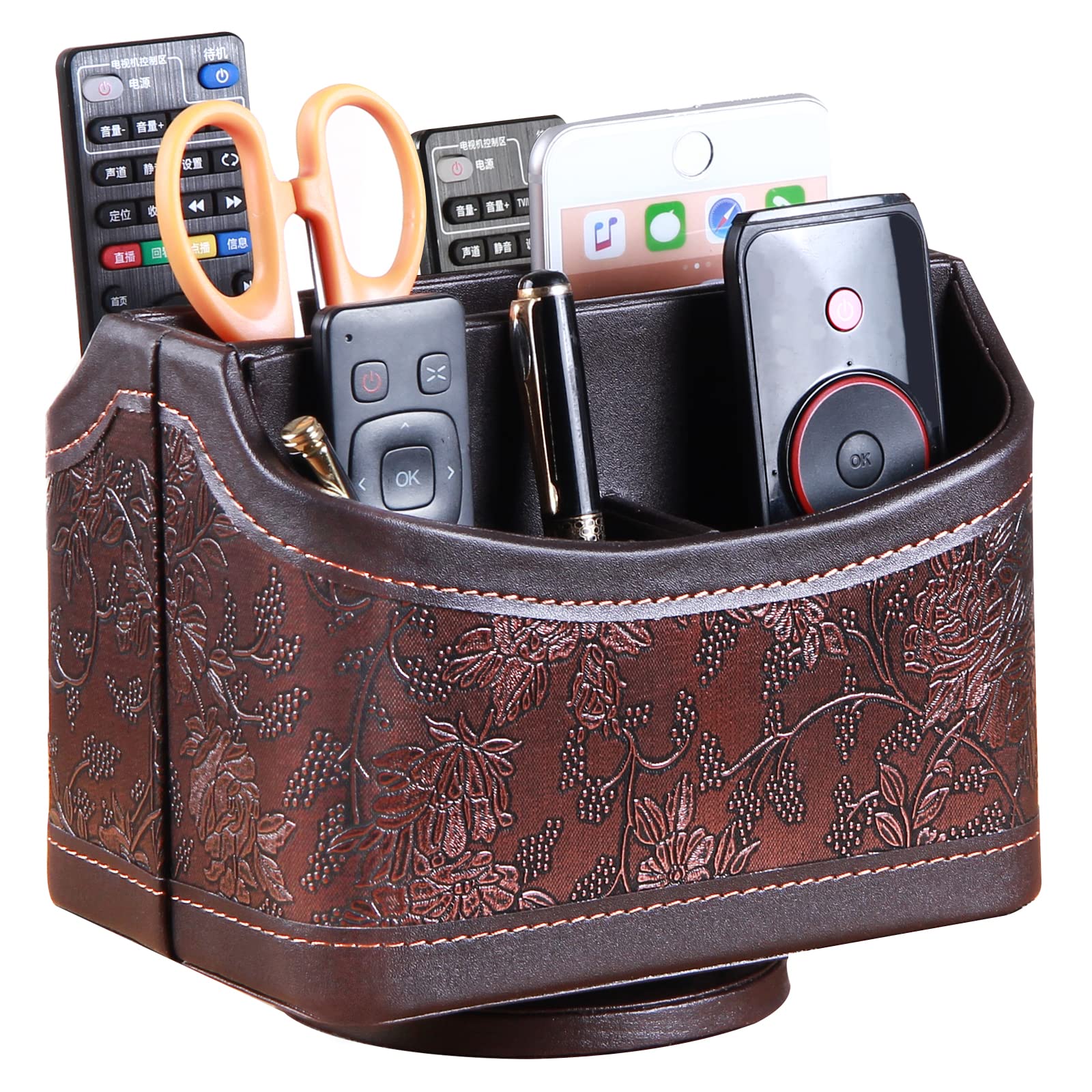 Pusu Leather 360Rotatable Remote Control Holder,Nightstand Tv Remote Caddy,Office Supplies Desktop Organizer,Spinning Storage Bo