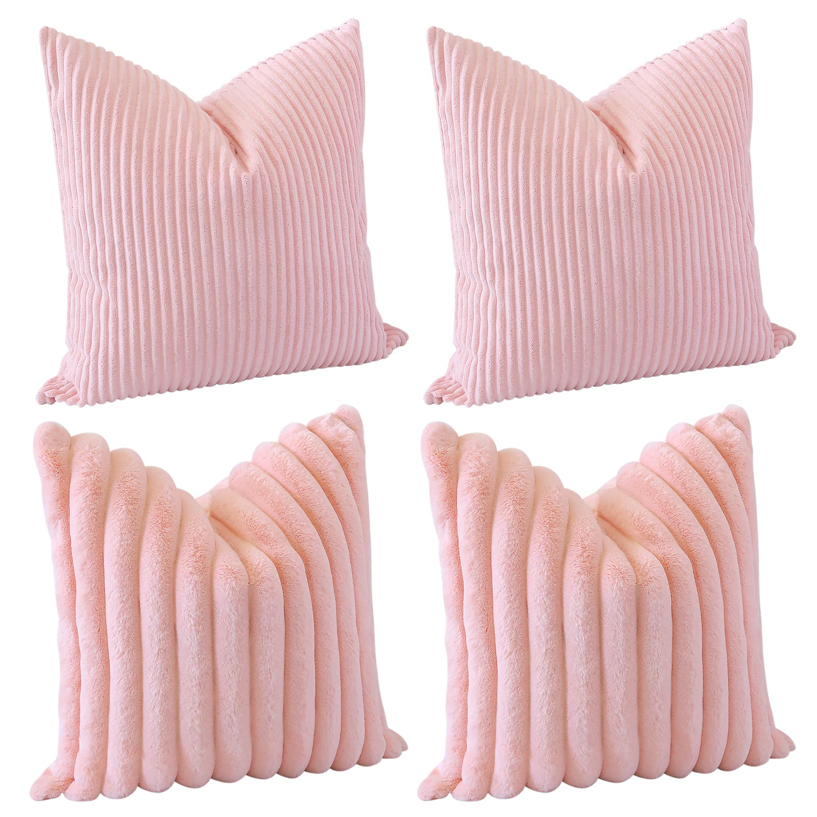 Otostar Set Of 4 Corduroy Soft Decorative Throw Pillow Covers 18X18 Inch Faux Fur Plush Pillow Covers Fuzzy Striped Luxury Cushi
