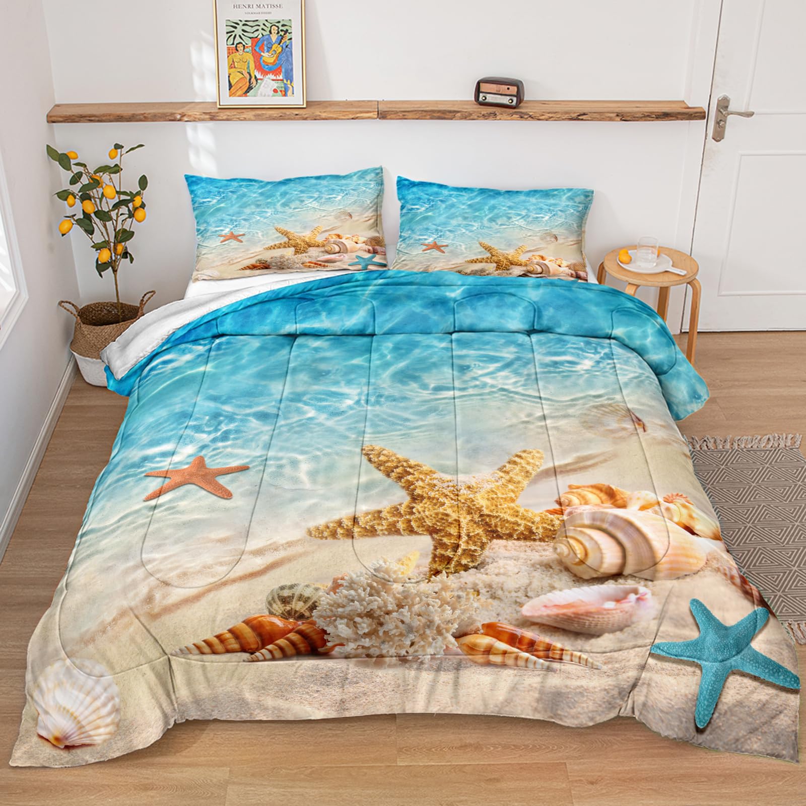 Bedbay California King Comforter Set Beach Comforter Set Starfish Marine Life Turquoise Ocean Bedding Comforter Set California K
