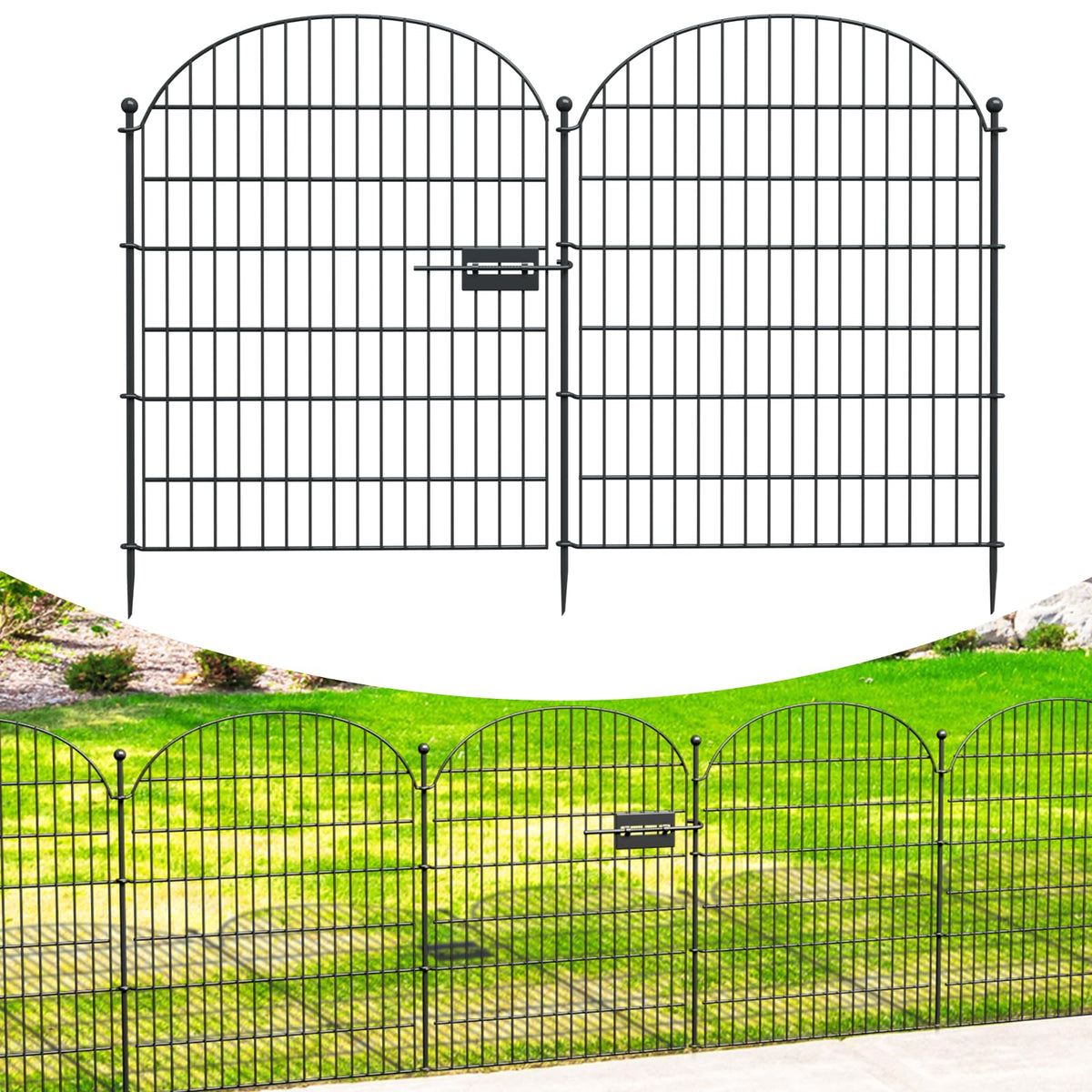 Decorative Garden Metal Fence 5 Pack With Gate, 32 In (H) X 11.8 Ft (L) No Dig Dog Animal Barrier For Yard, Animal Ground Stakes